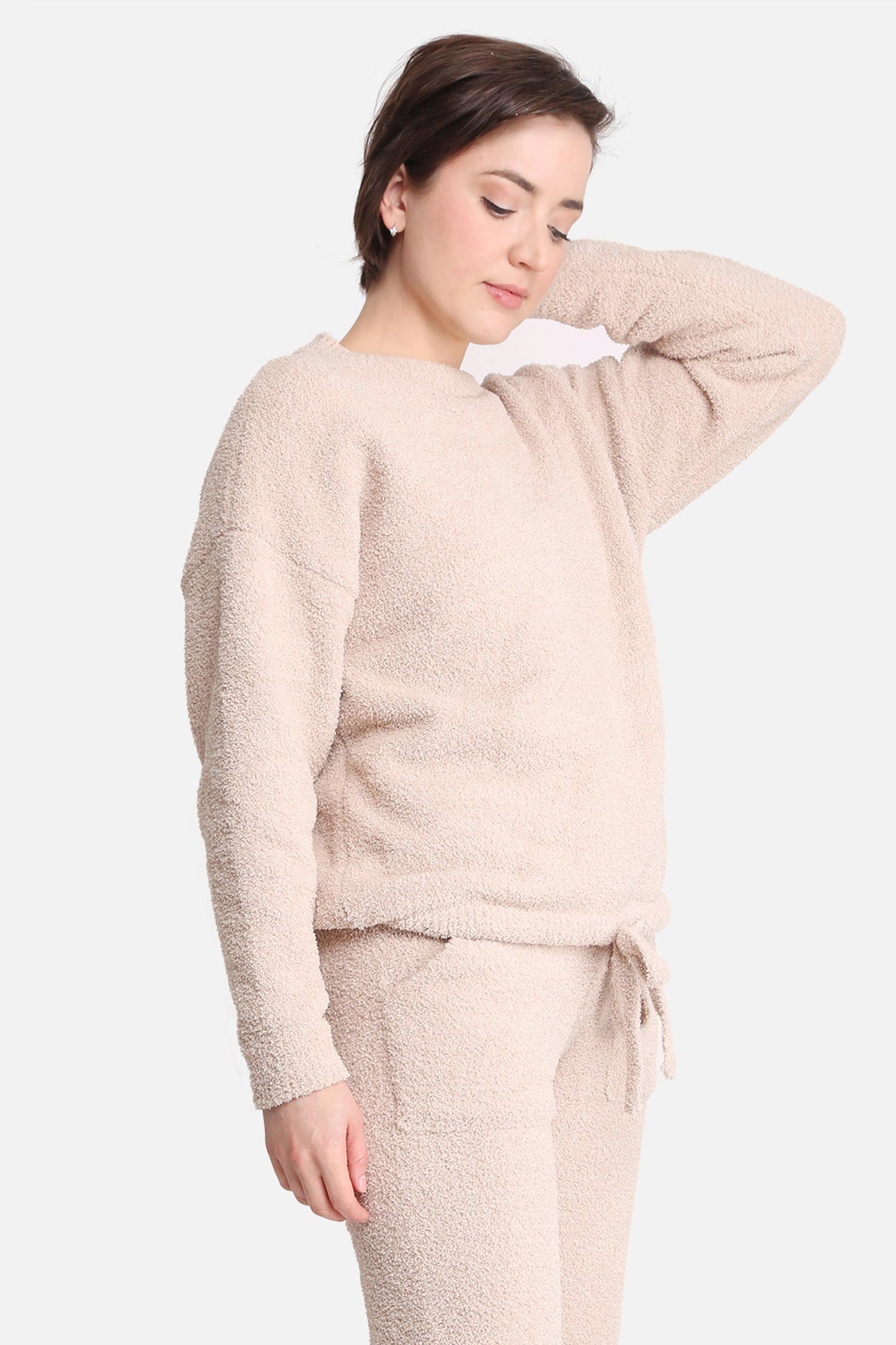 Women’s Soft Loungewear Sweater with Drawstring Hem – Beige & Black