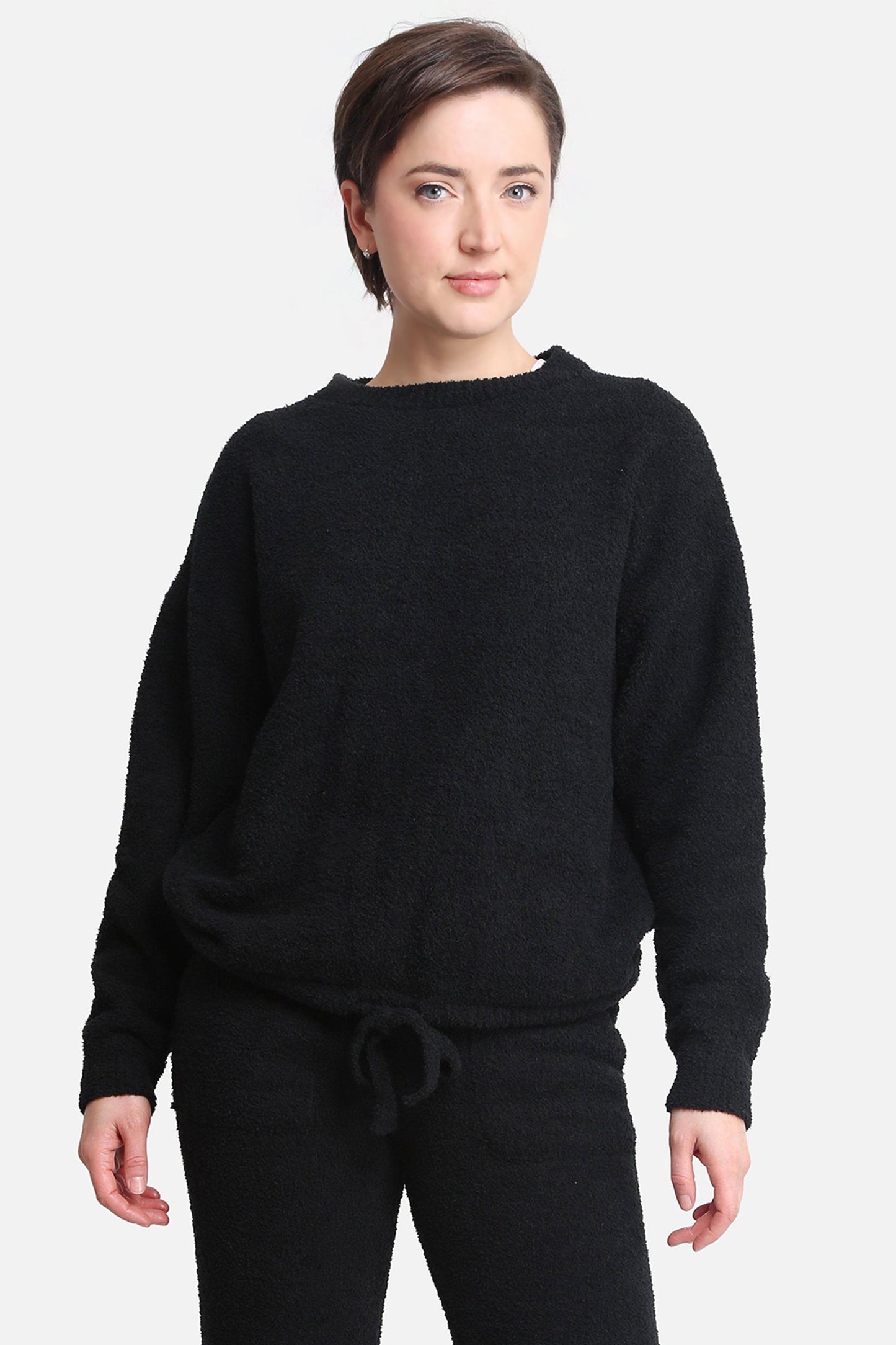 Women’s Soft Loungewear Sweater with Drawstring Hem – Beige & Black