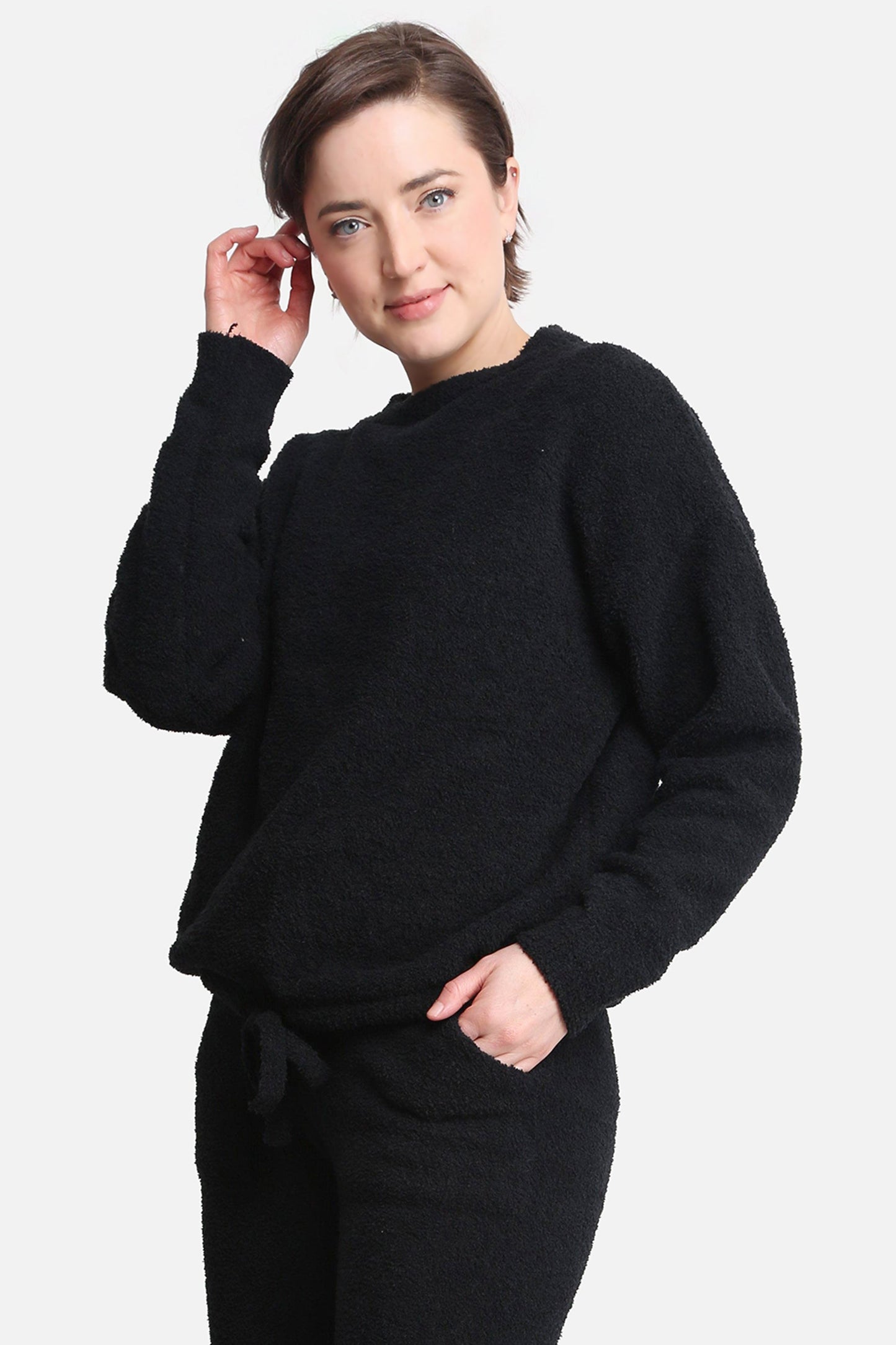 Women’s Soft Loungewear Sweater with Drawstring Hem – Beige & Black