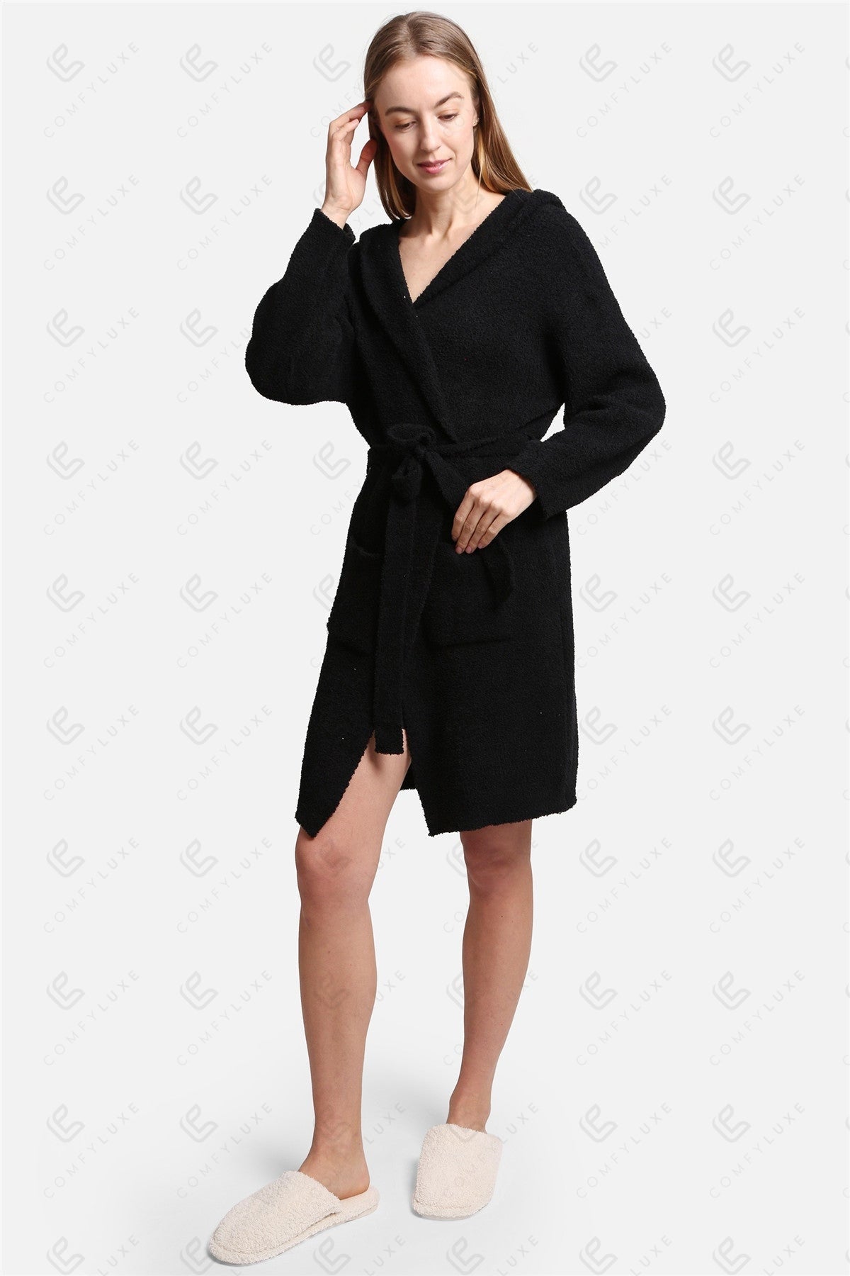 Luxurious Hooded Microfiber Bathrobe – Ultra-Soft, Lightweight Spa Robe with Front Pockets & Adjustable Belt