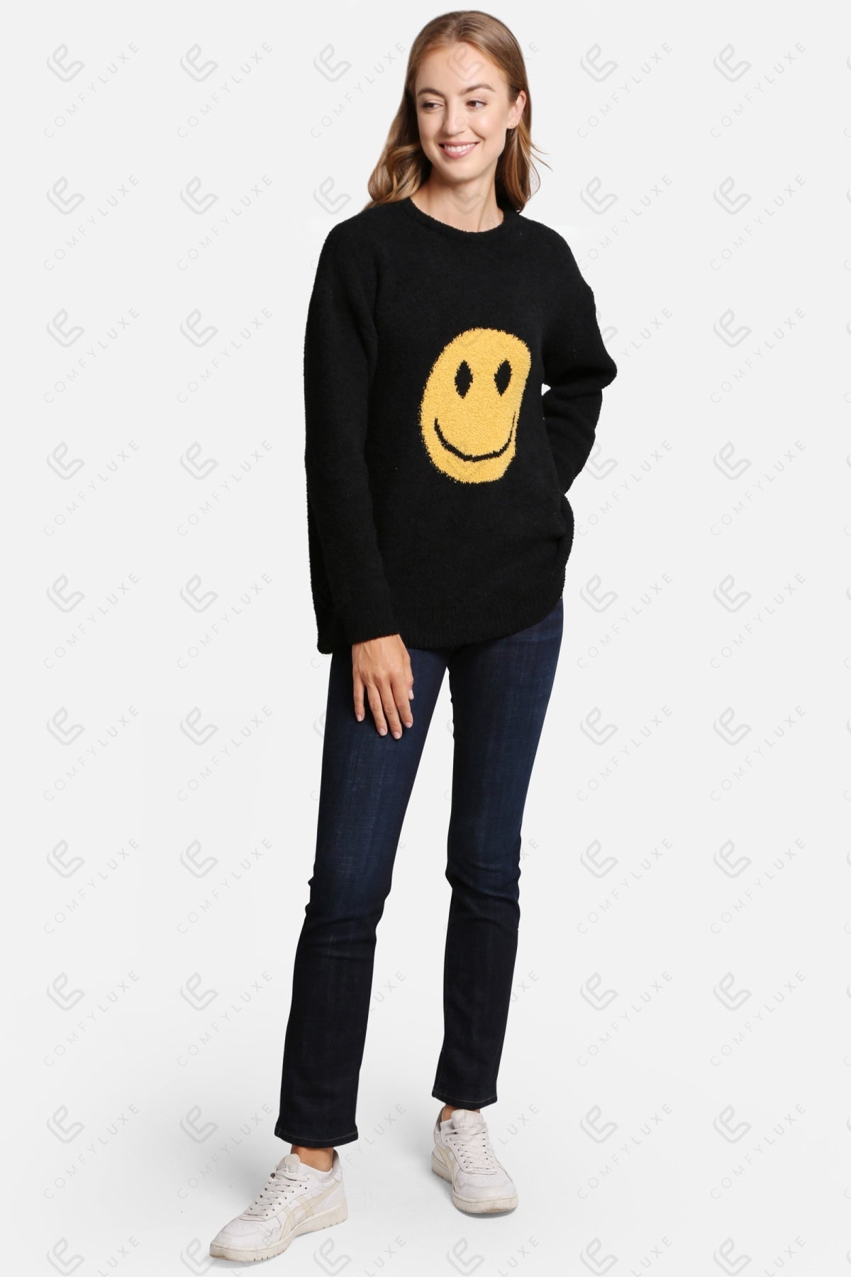Happy Face Lounge Sweater – Ultra-Soft Microfiber Smiley Print Sweatshirt for Women