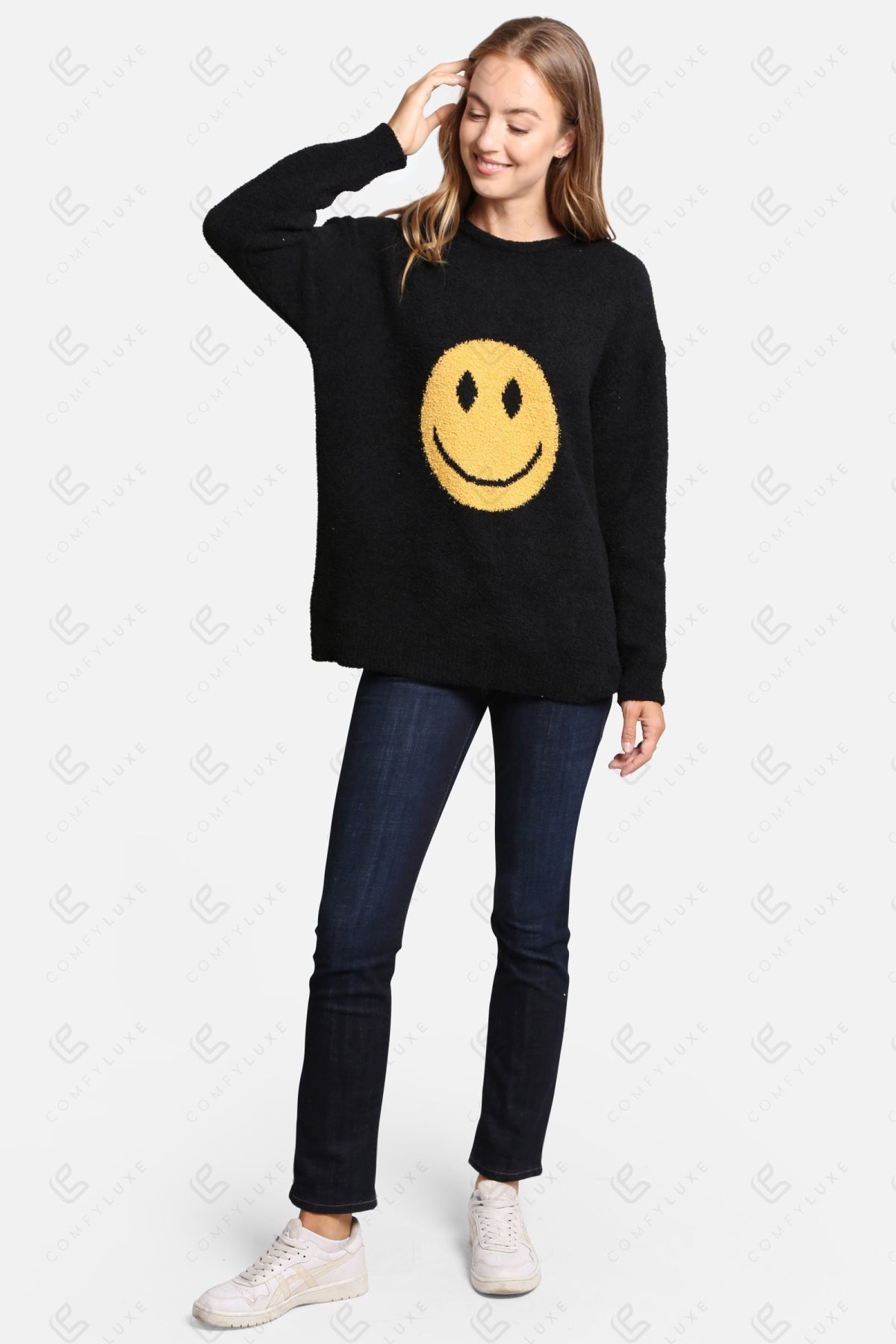Happy Face Lounge Sweater – Ultra-Soft Microfiber Smiley Print Sweatshirt for Women