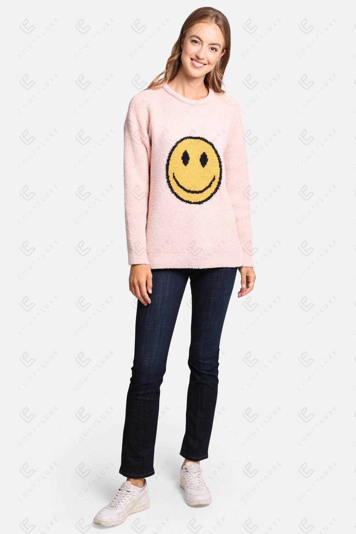 Happy Face Lounge Sweater – Ultra-Soft Microfiber Smiley Print Sweatshirt for Women