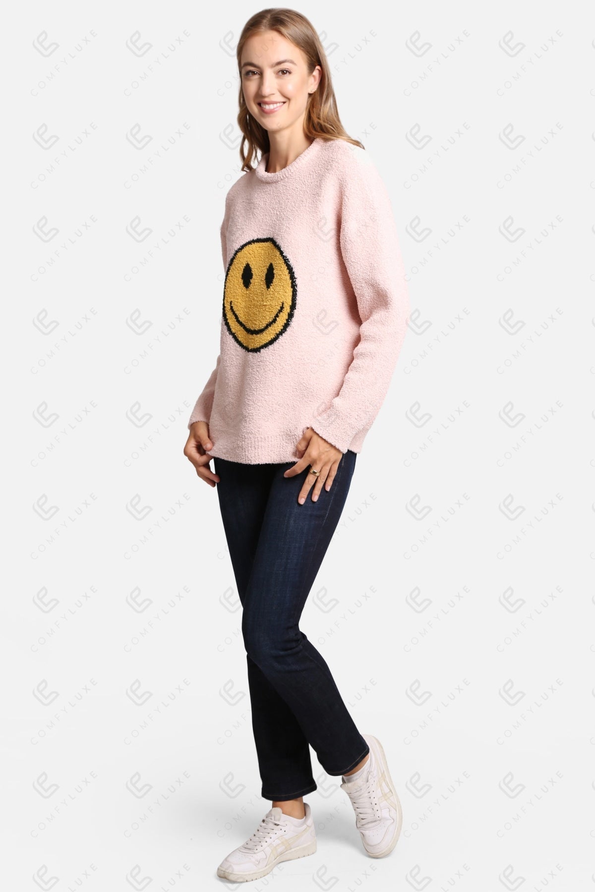Happy Face Lounge Sweater – Ultra-Soft Microfiber Smiley Print Sweatshirt for Women