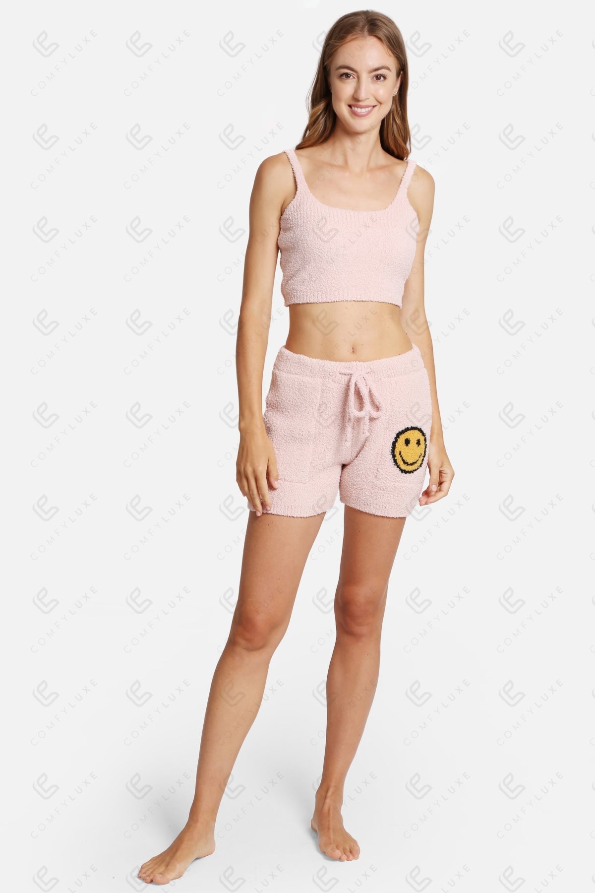 Smiley Print Women’s Lounge Shorts – Cozy Drawstring Loungewear with Pockets