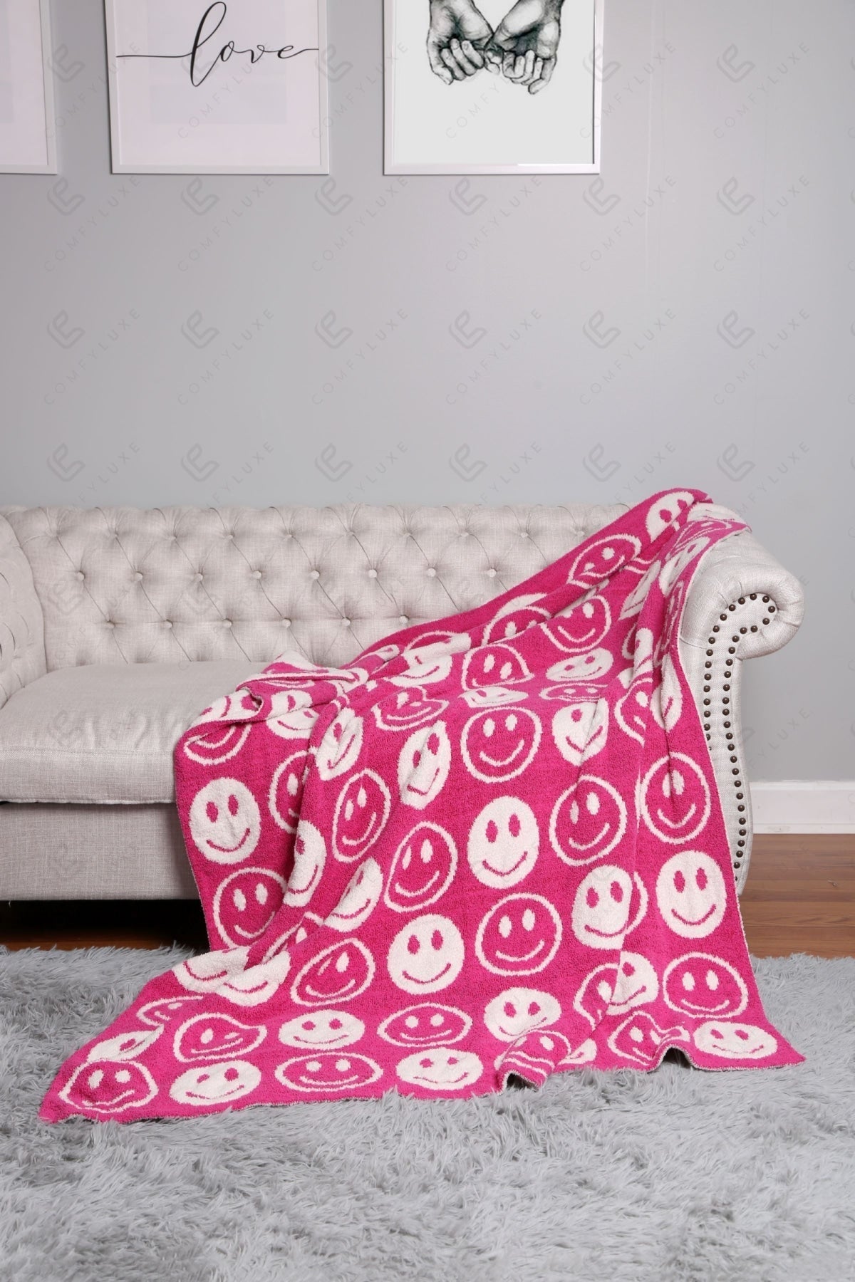 Mini Happy Face Luxe Fleece Throw Blanket – Ultra-Soft Polyester Microfiber, 130×150 cm, Cozy & Stylish Home Décor