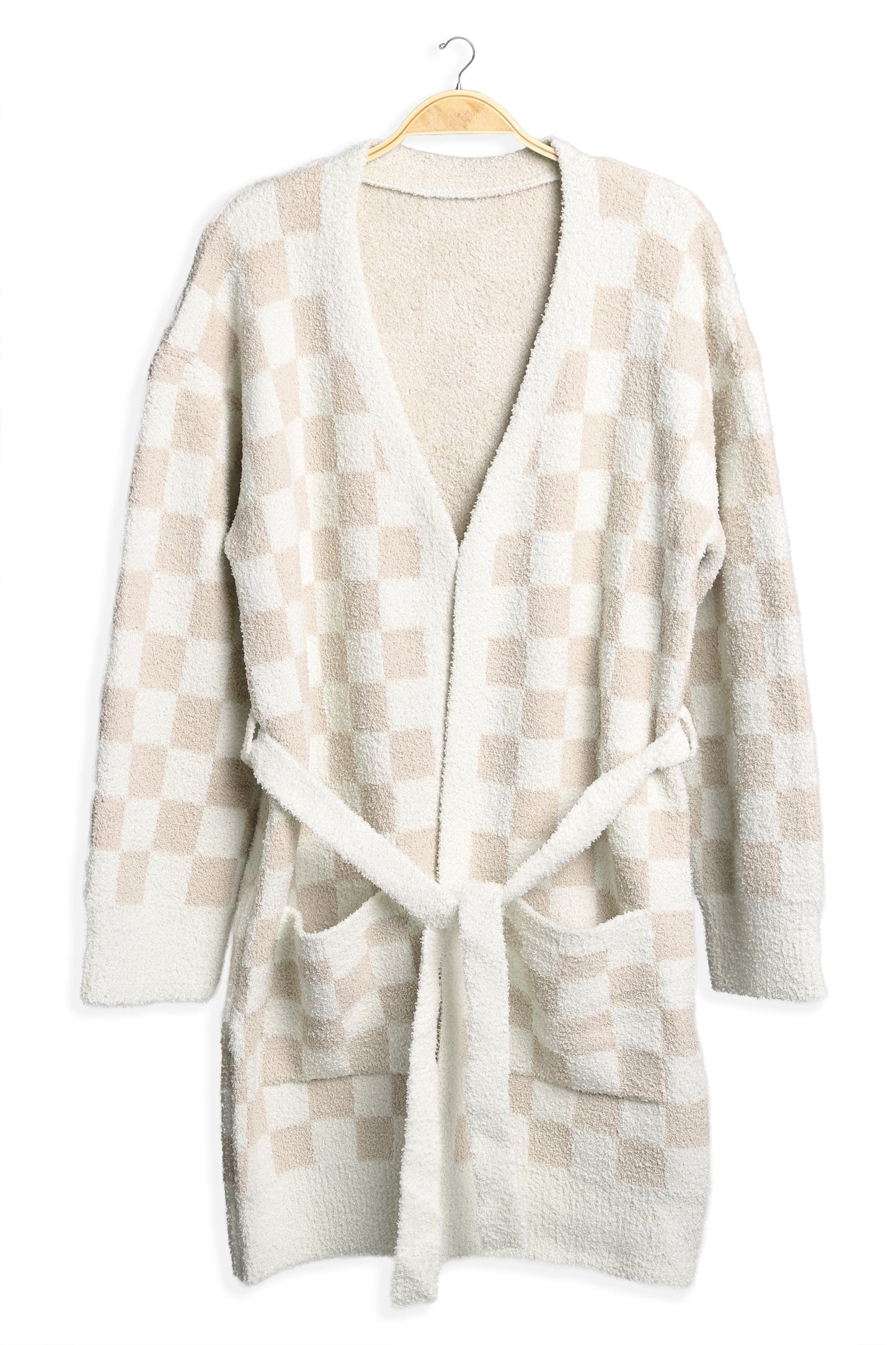 Soft Microfiber Plaid Bathrobe for Women – Cozy Lounge Robe with Pockets & Detachable Belt – Available in Beige, Fuchsia, Grey, Pink, Sage Green