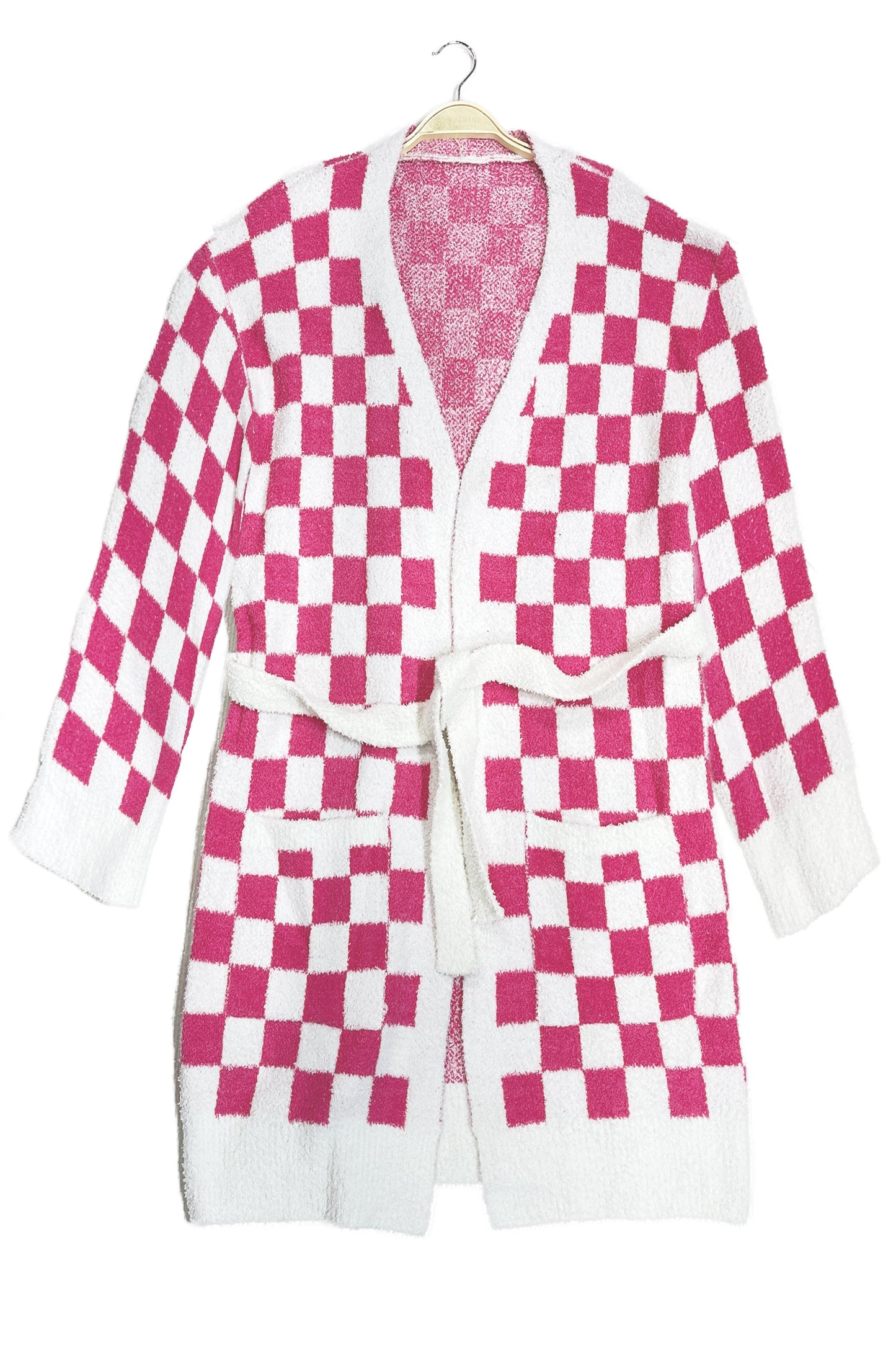 Soft Microfiber Plaid Bathrobe for Women – Cozy Lounge Robe with Pockets & Detachable Belt – Available in Beige, Fuchsia, Grey, Pink, Sage Green