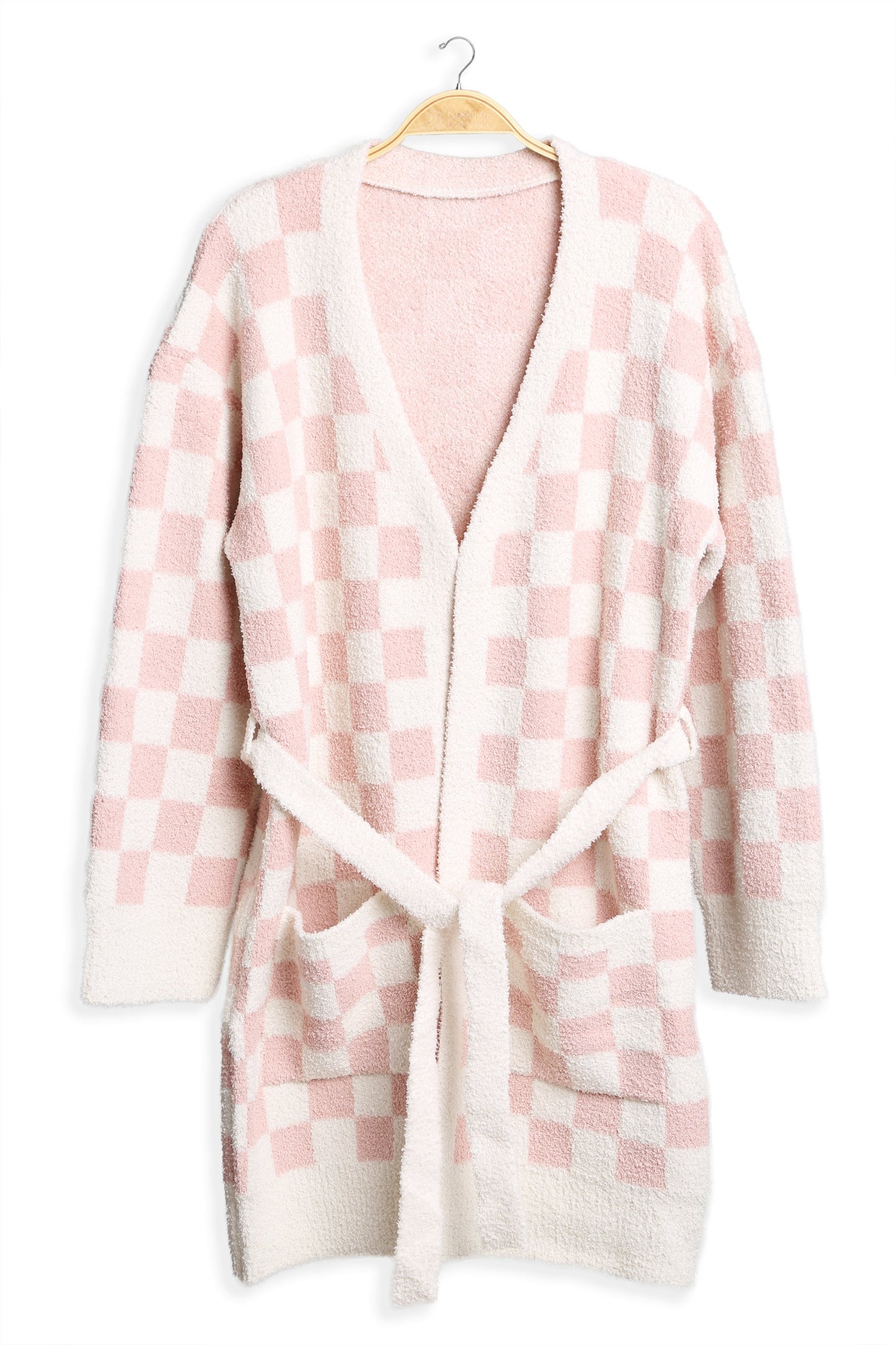 Soft Microfiber Plaid Bathrobe for Women – Cozy Lounge Robe with Pockets & Detachable Belt – Available in Beige, Fuchsia, Grey, Pink, Sage Green
