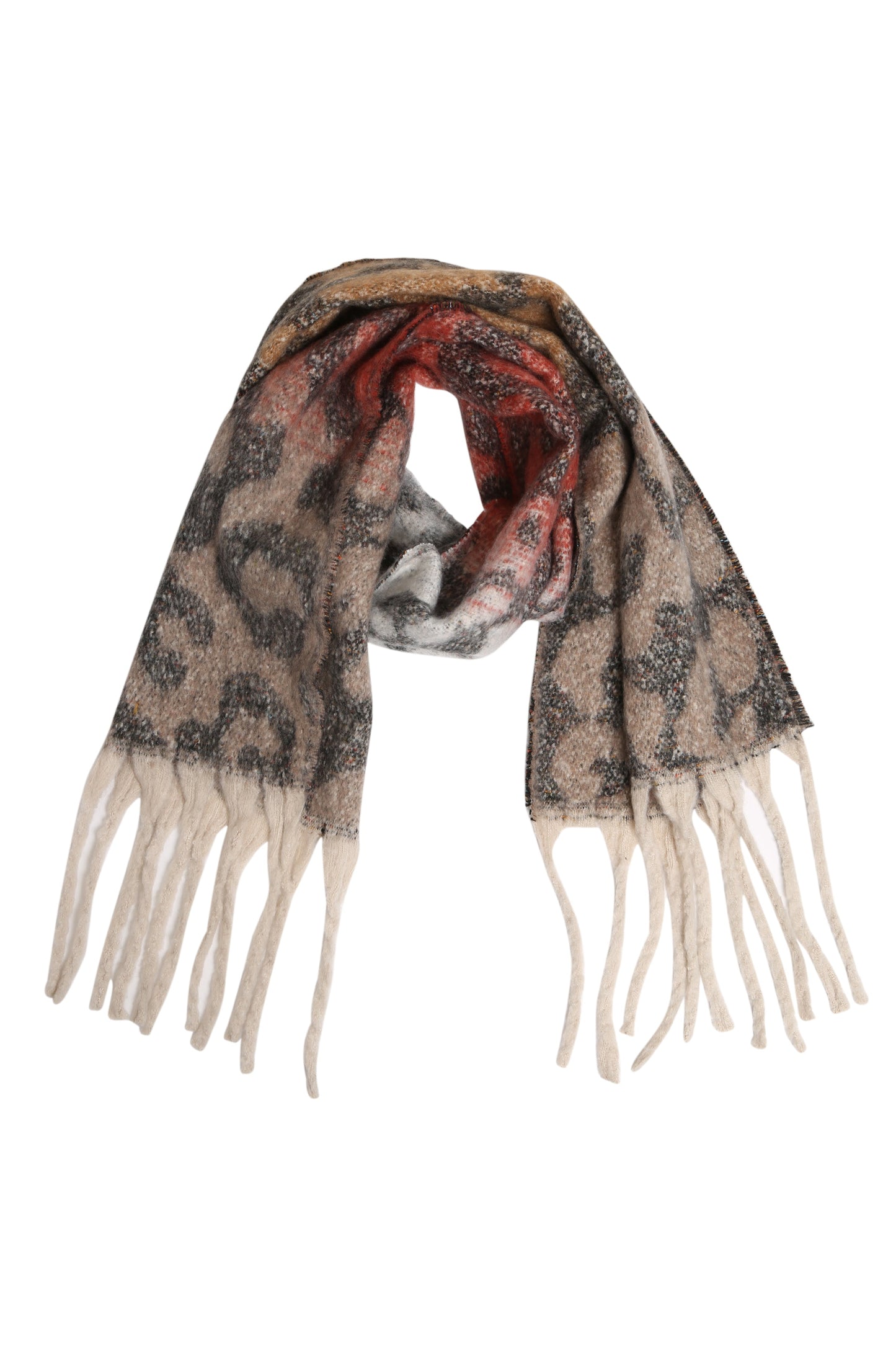 Leopard Print Scarf with Ombre Gradient & Fringed Tassels – Oversized Acrylic Shawl for Women