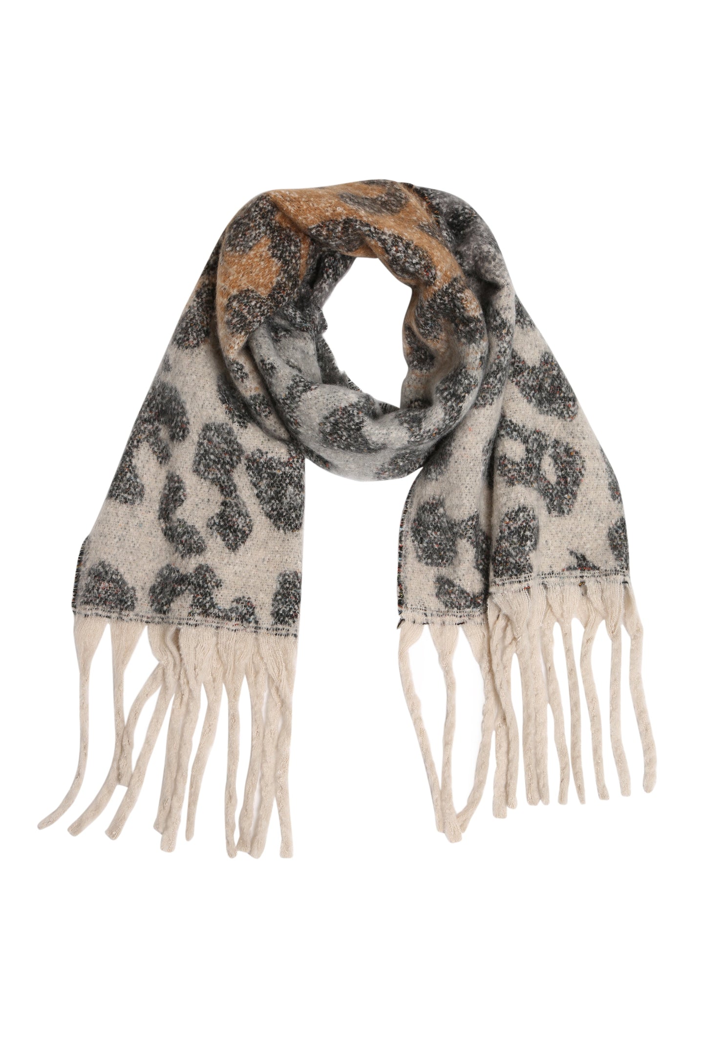 Leopard Print Scarf with Ombre Gradient & Fringed Tassels – Oversized Acrylic Shawl for Women