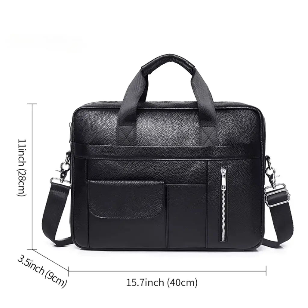 Black Leather Laptop Bag for Men – Premium Cowhide Briefcase with Laptop Sleeve & Organizer