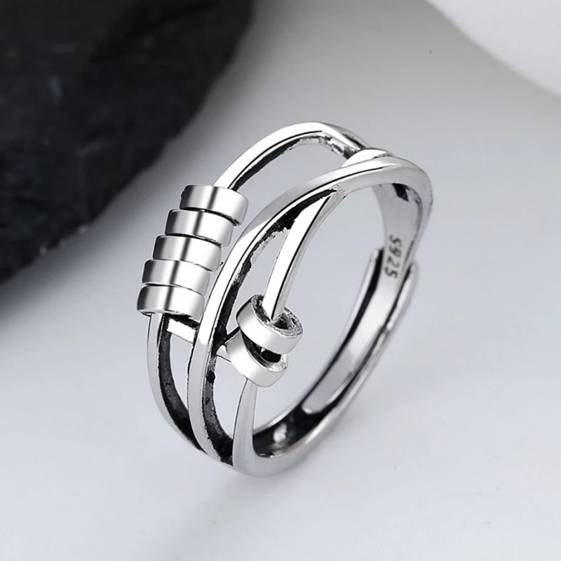 Adjustable Stainless Steel Anti-Stress Ring – Unisex Fidget Spinner Ring with Rotating Beads for Anxiety Relief