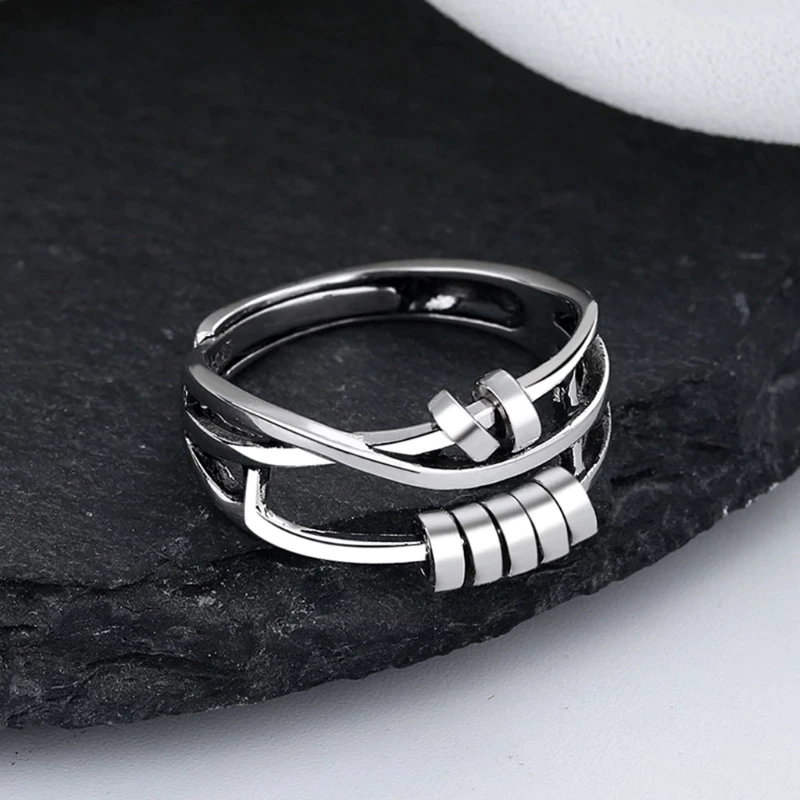 Adjustable Stainless Steel Anti-Stress Ring – Unisex Fidget Spinner Ring with Rotating Beads for Anxiety Relief