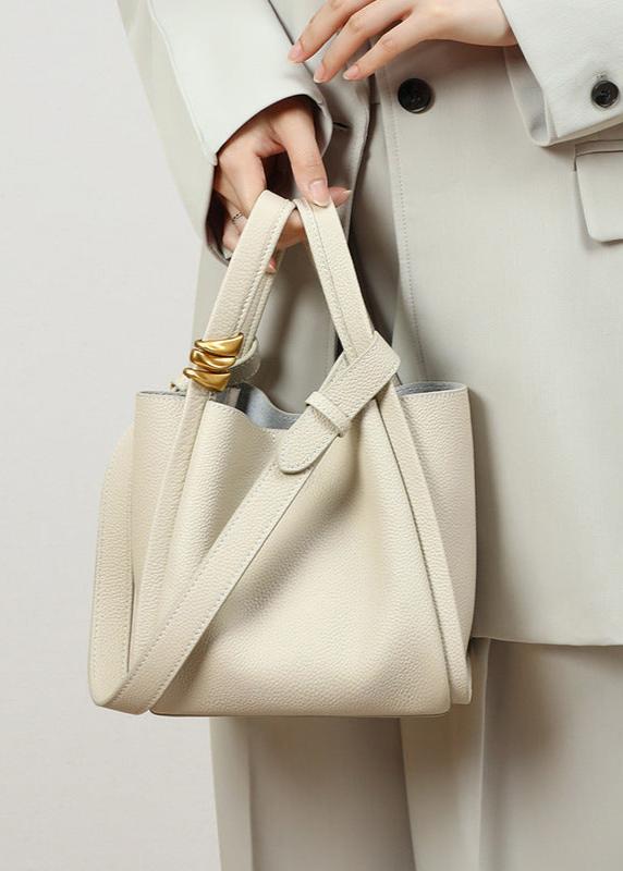 Genuine Leather Bucket Tote Bag for Women – Spacious Modern Handbag with Removable Inner Pouch & Gold Accents