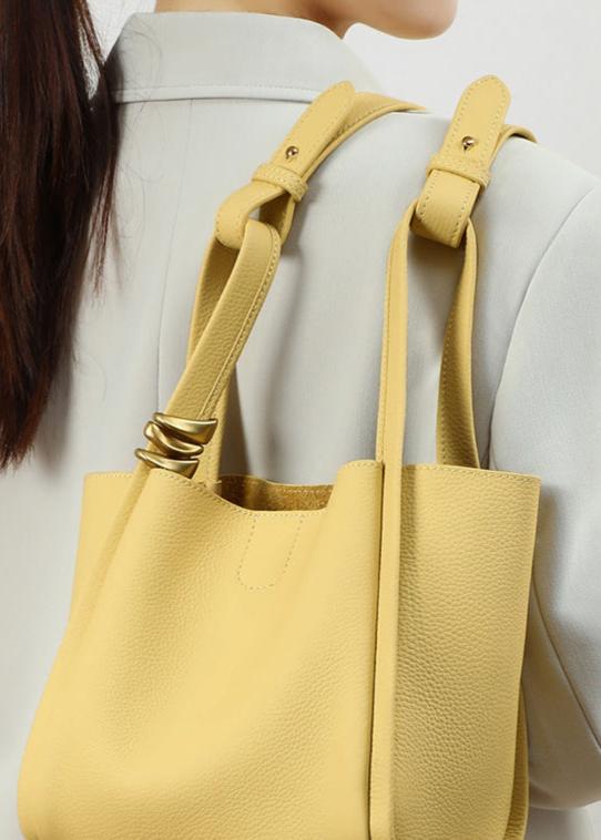 Genuine Leather Bucket Tote Bag for Women – Spacious Modern Handbag with Removable Inner Pouch & Gold Accents