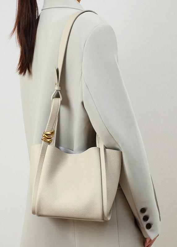 Genuine Leather Bucket Tote Bag for Women – Spacious Modern Handbag with Removable Inner Pouch & Gold Accents