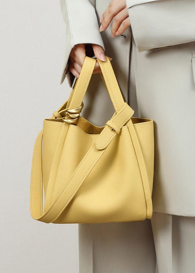 Genuine Leather Bucket Tote Bag for Women – Spacious Modern Handbag with Removable Inner Pouch & Gold Accents