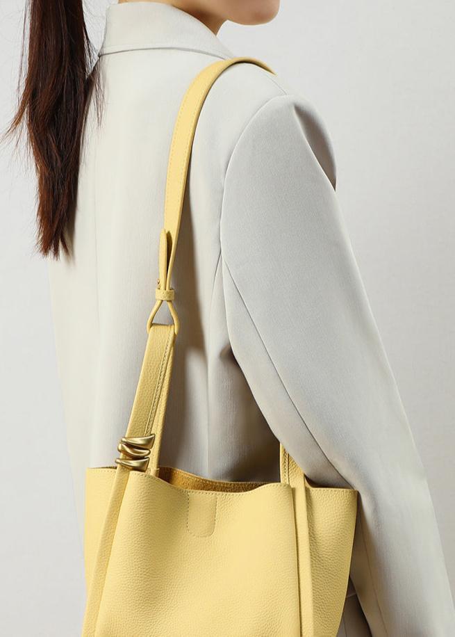 Genuine Leather Bucket Tote Bag for Women – Spacious Modern Handbag with Removable Inner Pouch & Gold Accents