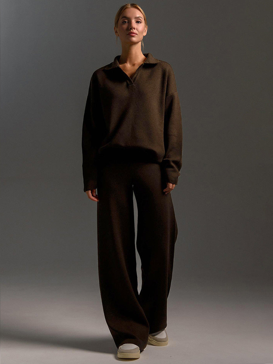 Women's Knitted Loungewear Set – Oversized Collared Sweater & Wide-Leg Elastic Waist Pants – Cozy Two-Piece Lounge Set