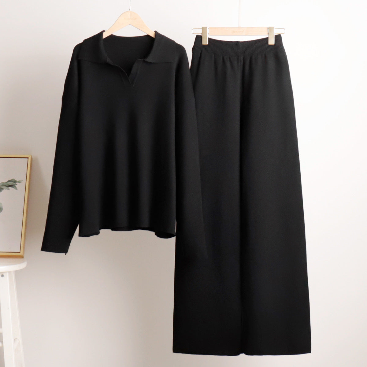 Women's Knitted Loungewear Set – Oversized Collared Sweater & Wide-Leg Elastic Waist Pants – Cozy Two-Piece Lounge Set