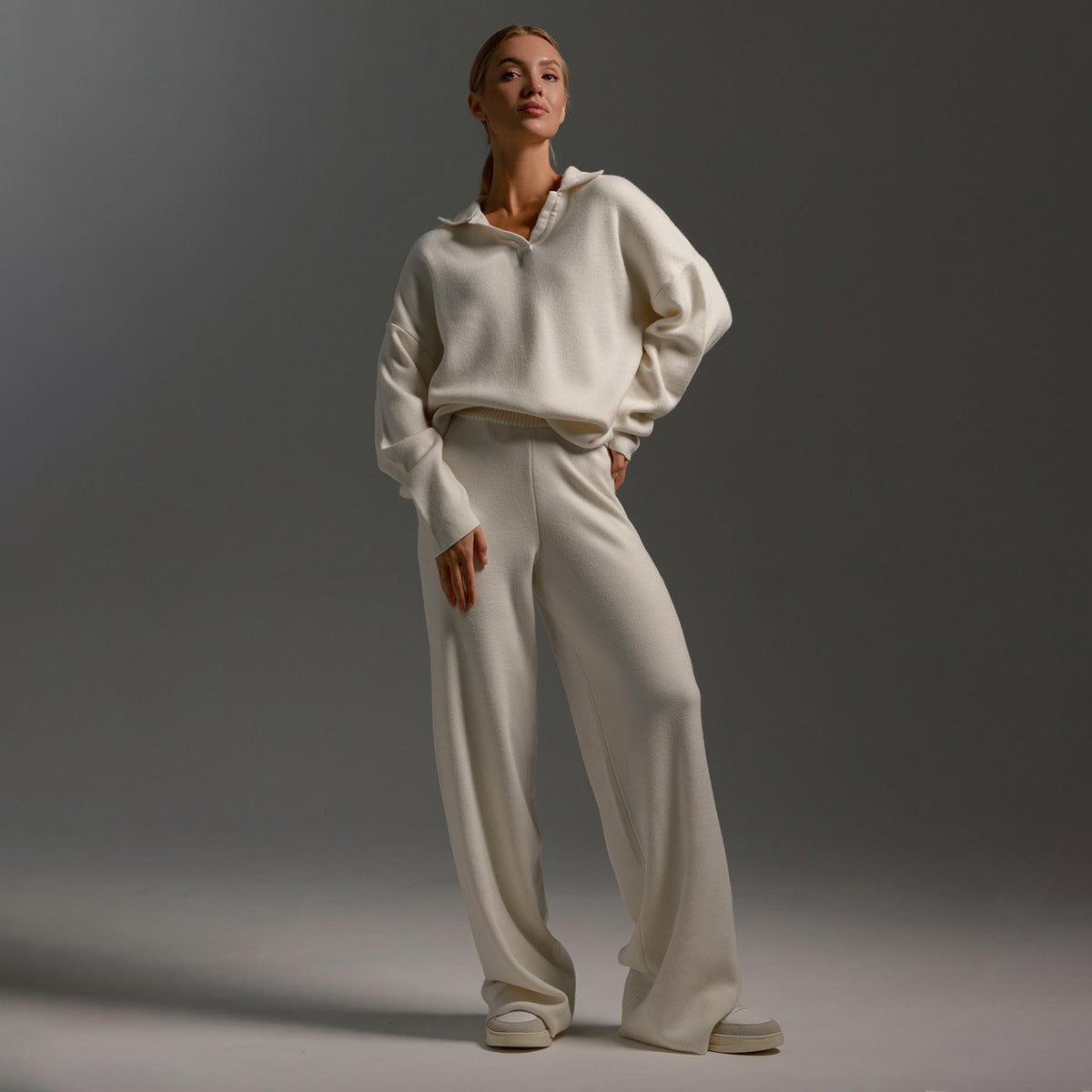 Women's Knitted Loungewear Set – Oversized Collared Sweater & Wide-Leg Elastic Waist Pants – Cozy Two-Piece Lounge Set
