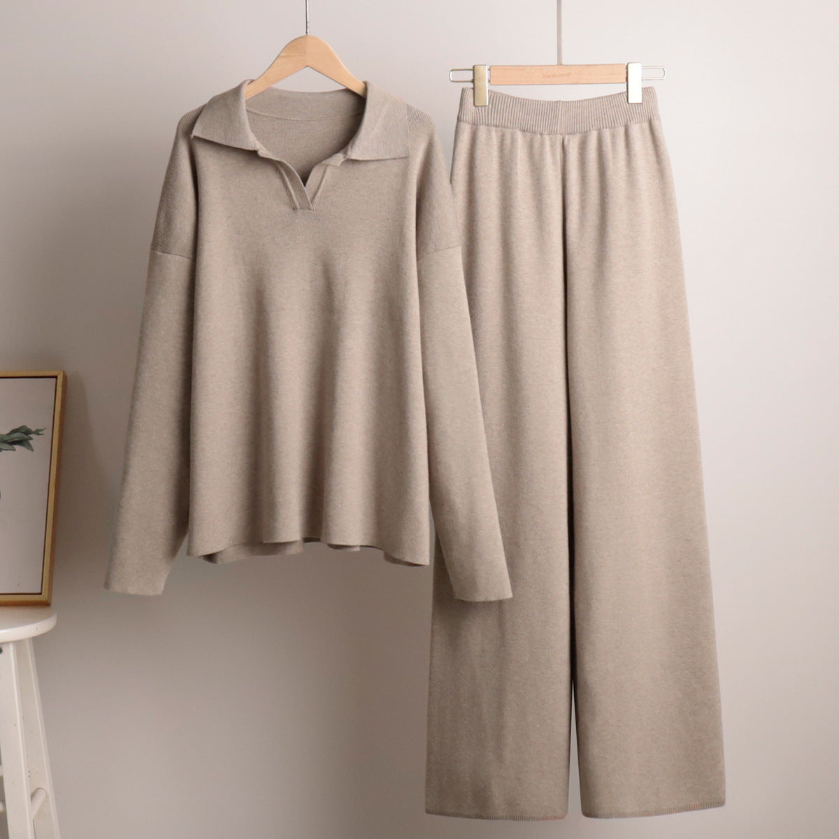 Women's Knitted Loungewear Set – Oversized Collared Sweater & Wide-Leg Elastic Waist Pants – Cozy Two-Piece Lounge Set