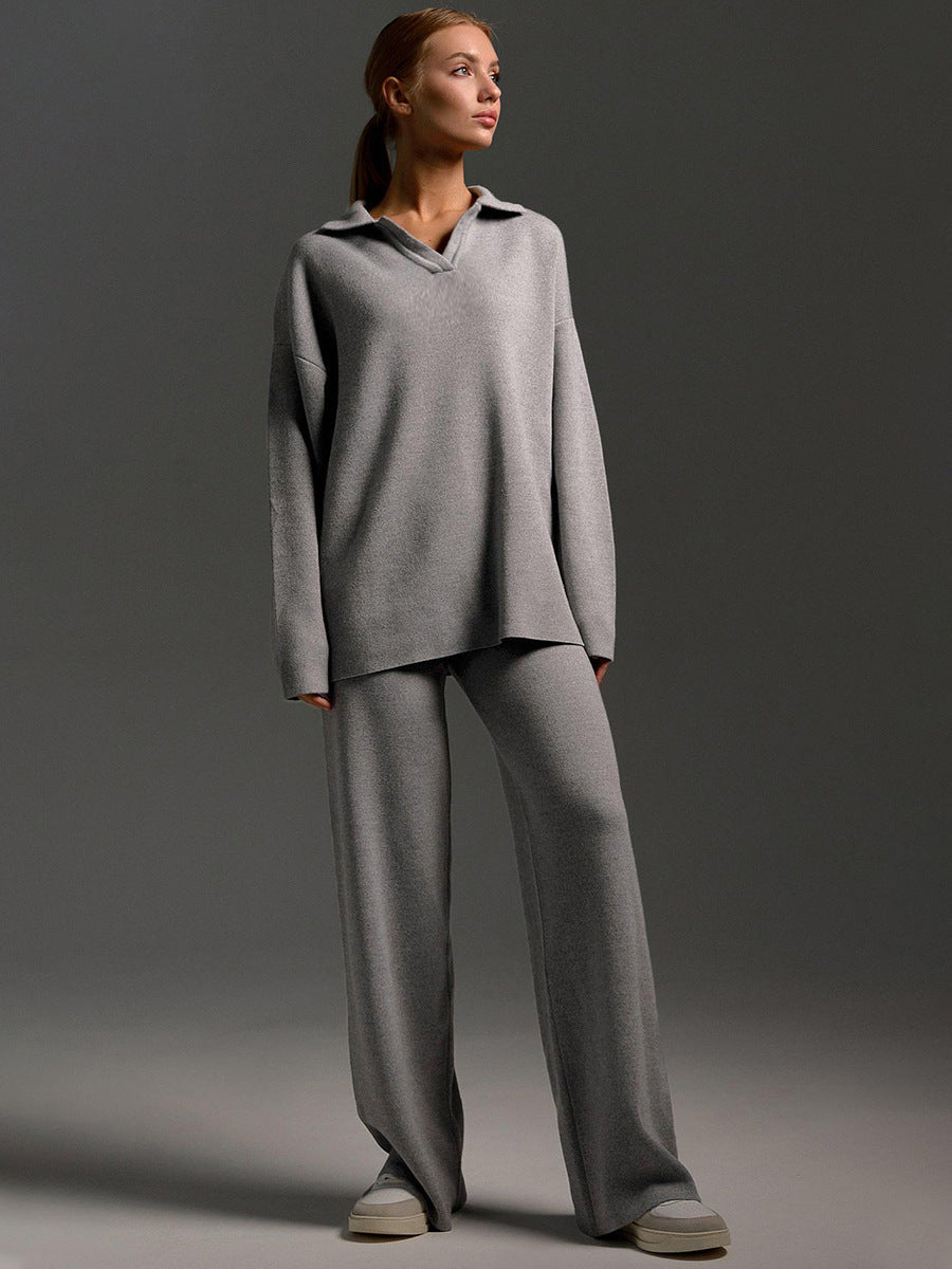 Women's Knitted Loungewear Set – Oversized Collared Sweater & Wide-Leg Elastic Waist Pants – Cozy Two-Piece Lounge Set