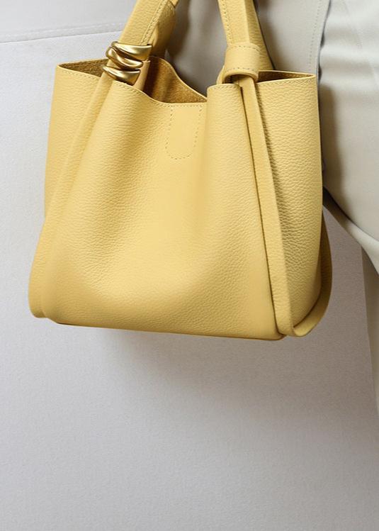 Genuine Leather Bucket Tote Bag for Women – Spacious Modern Handbag with Removable Inner Pouch & Gold Accents