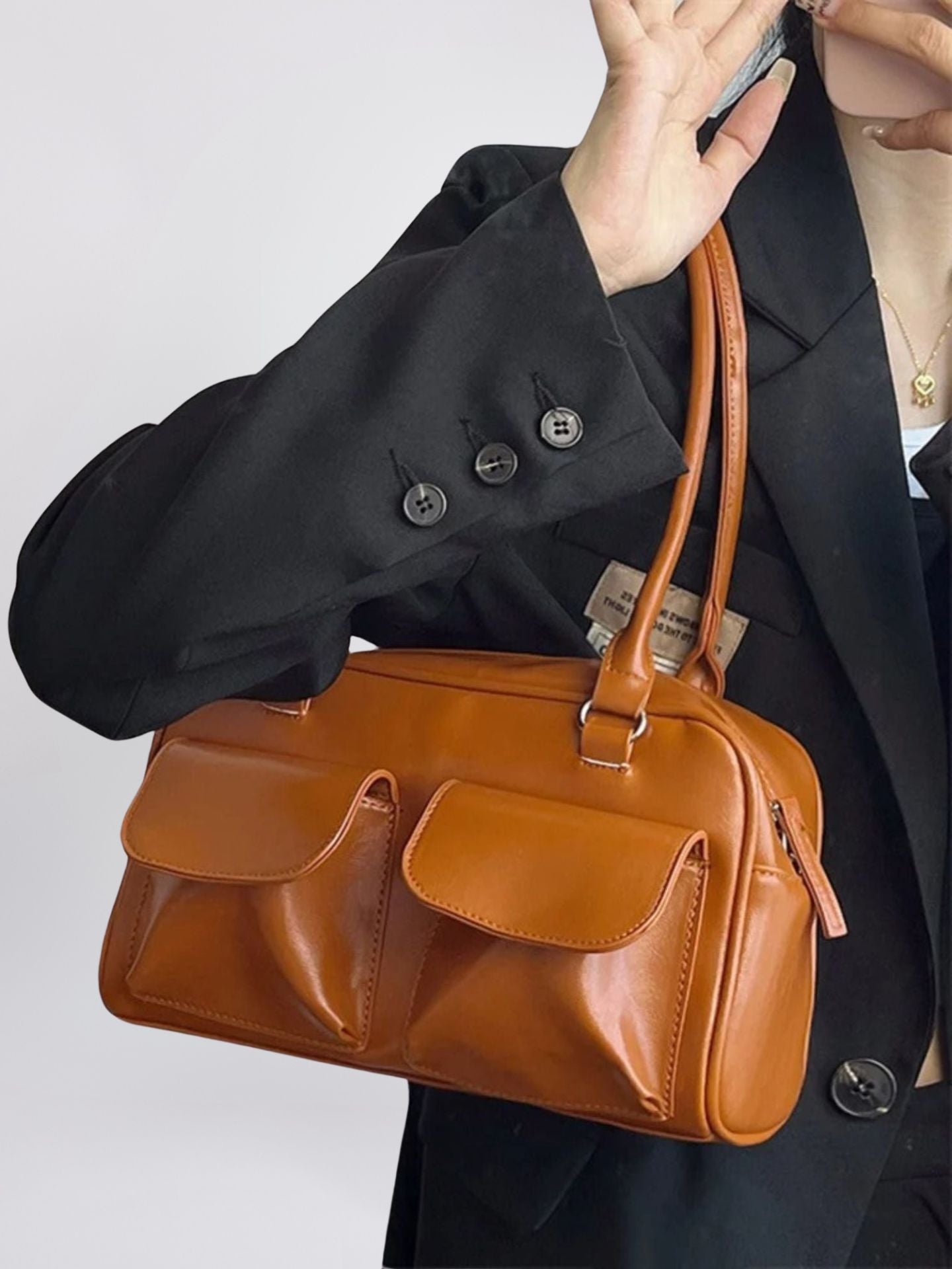 Vegan Leather Black Handbag with Dual Front Pockets – Stylish & Spacious