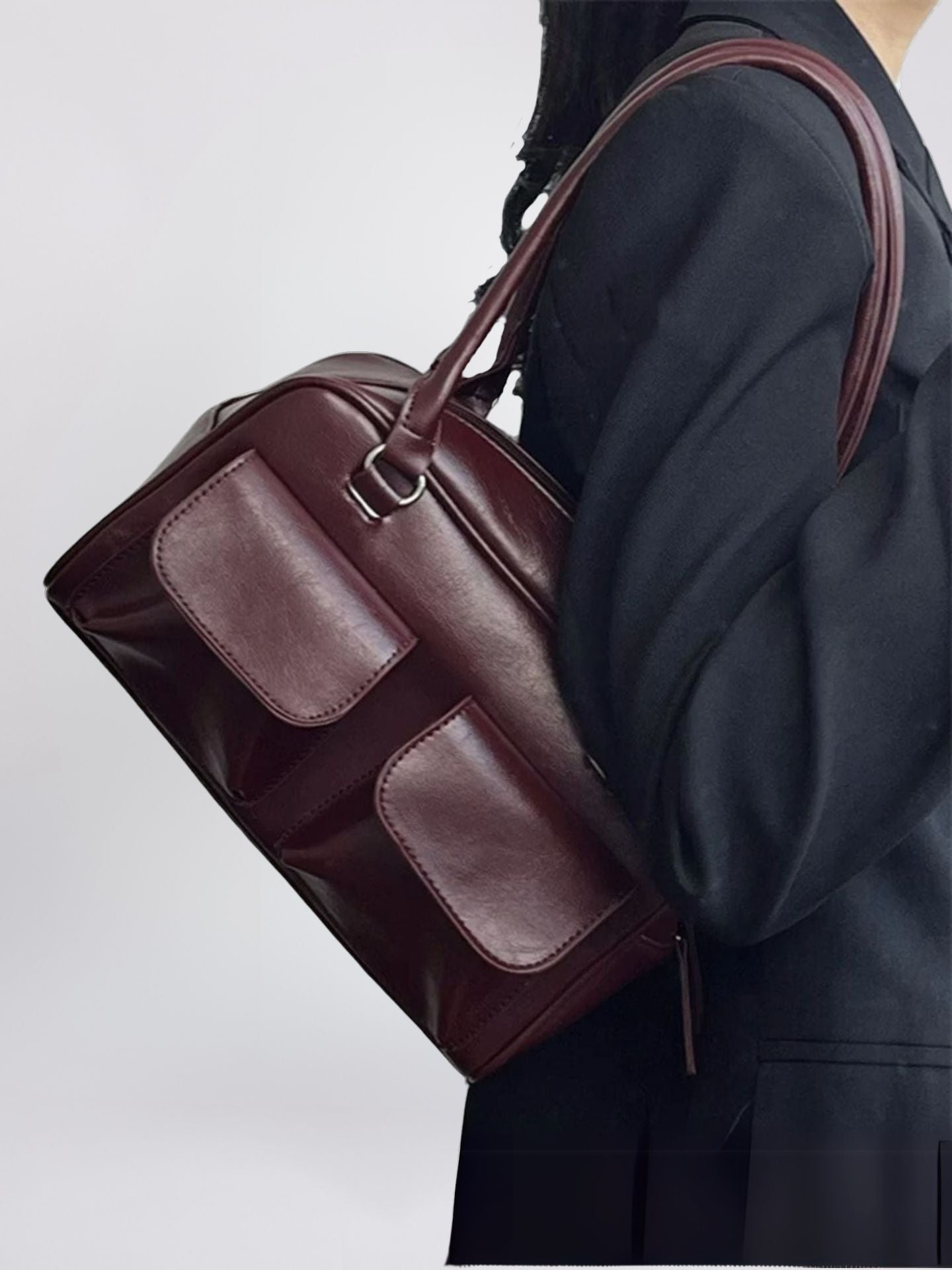 Vegan Leather Black Handbag with Dual Front Pockets – Stylish & Spacious