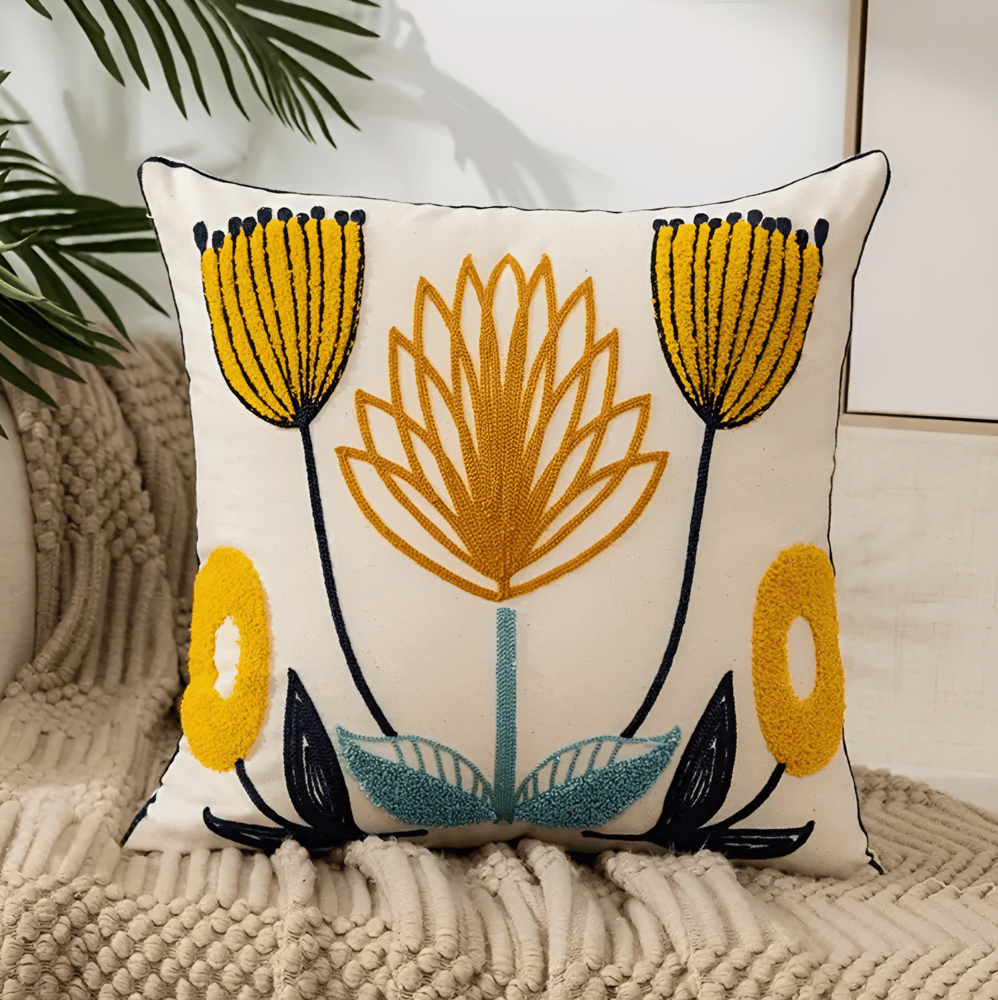 Handmade Floral Embroidered Cotton Cushion Cover – 18 × 18 inches Decorative Pillow for Living Room, Bedroom & Sofa