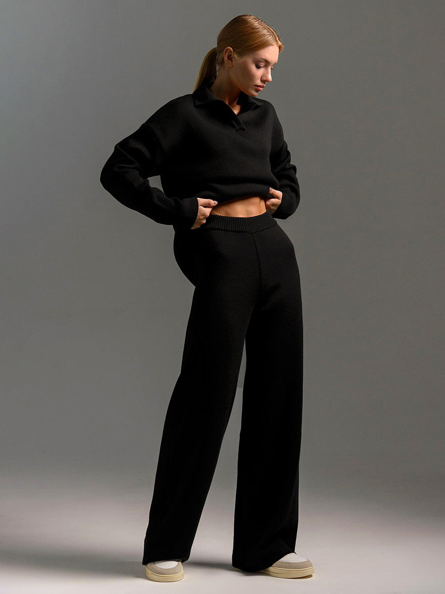 Women's Knitted Loungewear Set – Oversized Collared Sweater & Wide-Leg Elastic Waist Pants – Cozy Two-Piece Lounge Set