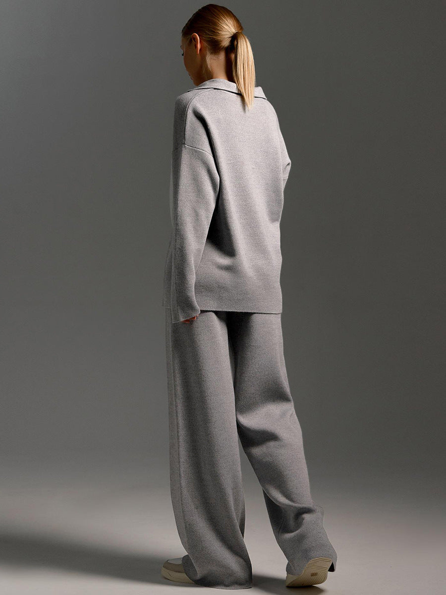 Women's Knitted Loungewear Set – Oversized Collared Sweater & Wide-Leg Elastic Waist Pants – Cozy Two-Piece Lounge Set