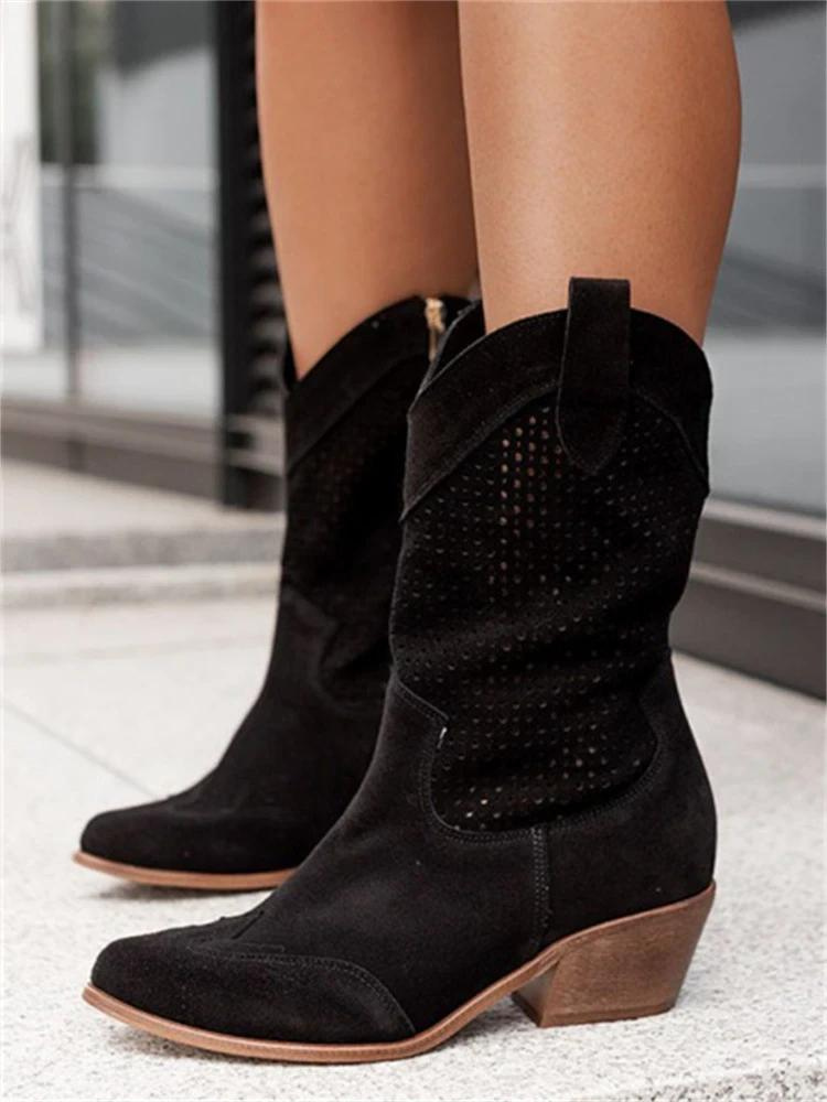 Josiane Women's White Cowboy Boots – Trendy Western Block Heels with Perforated Design