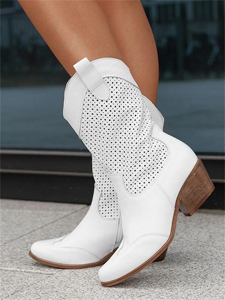Josiane Women's White Cowboy Boots – Trendy Western Block Heels with Perforated Design