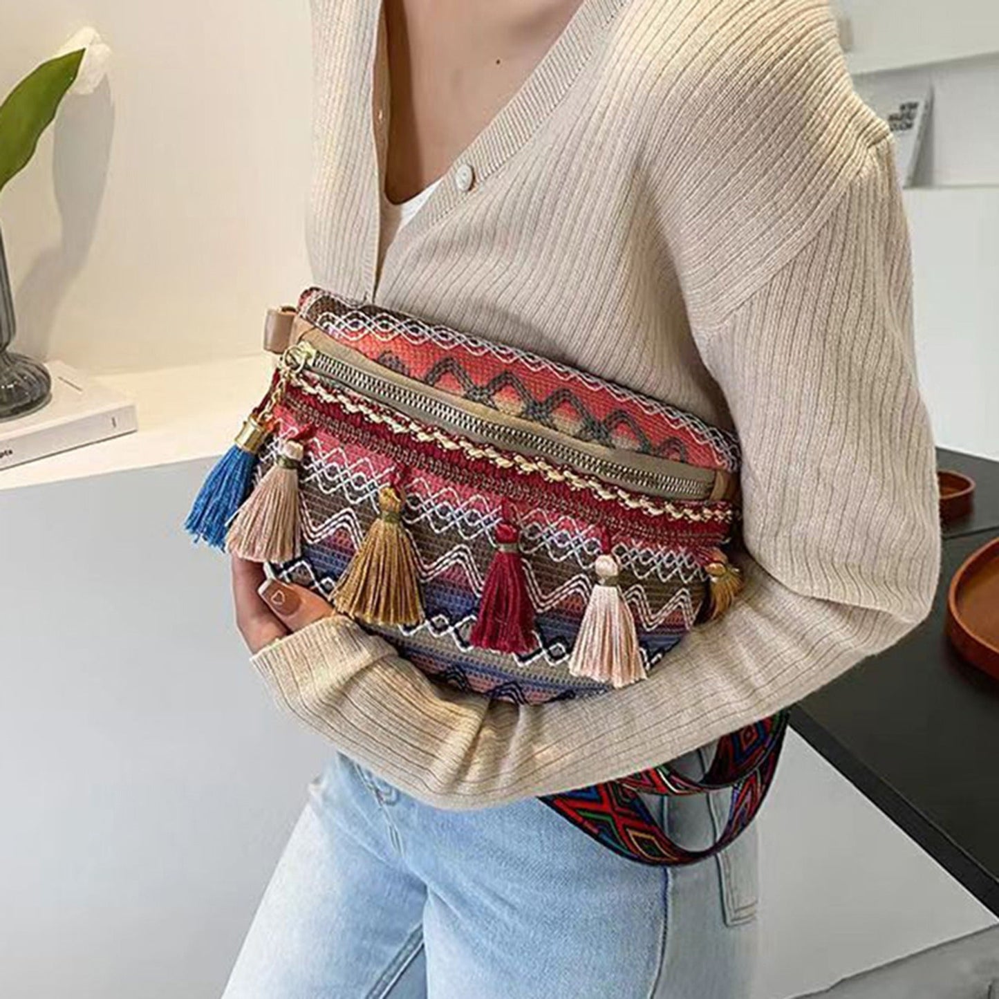 Bohemian Crossbody Bag with Fringe – Colorful, Adjustable Strap, Lightweight & Durable
