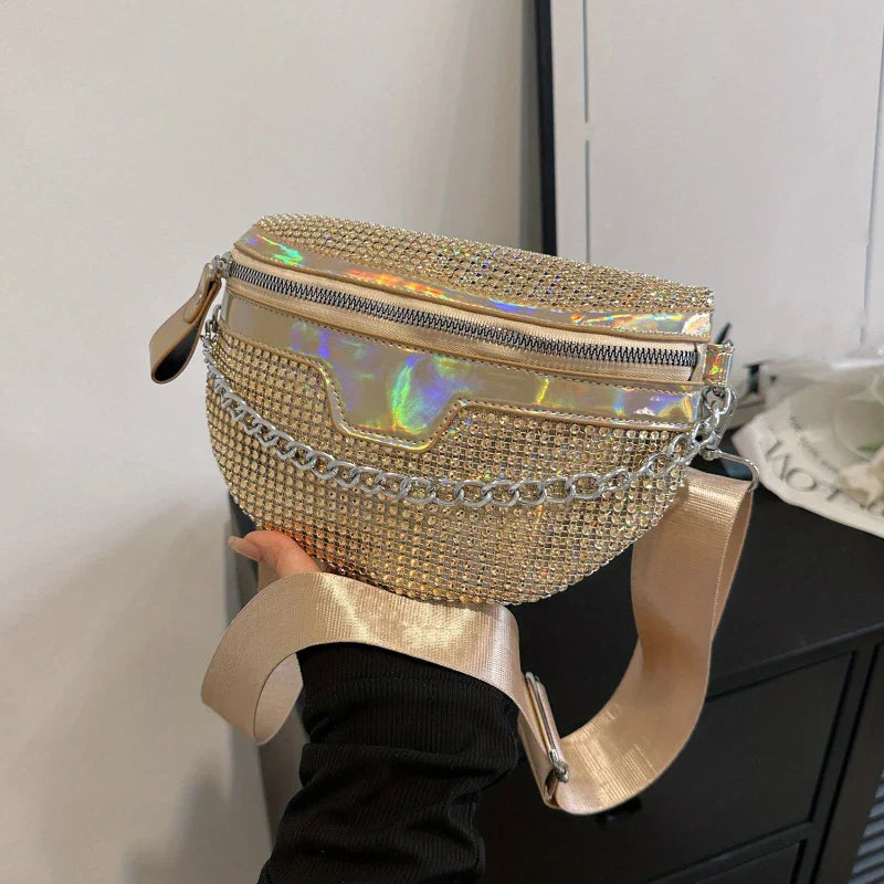 Gold Rhinestone Crossbody Belt Bag – Sparkling Evening Hip Purse with Detachable Strap
