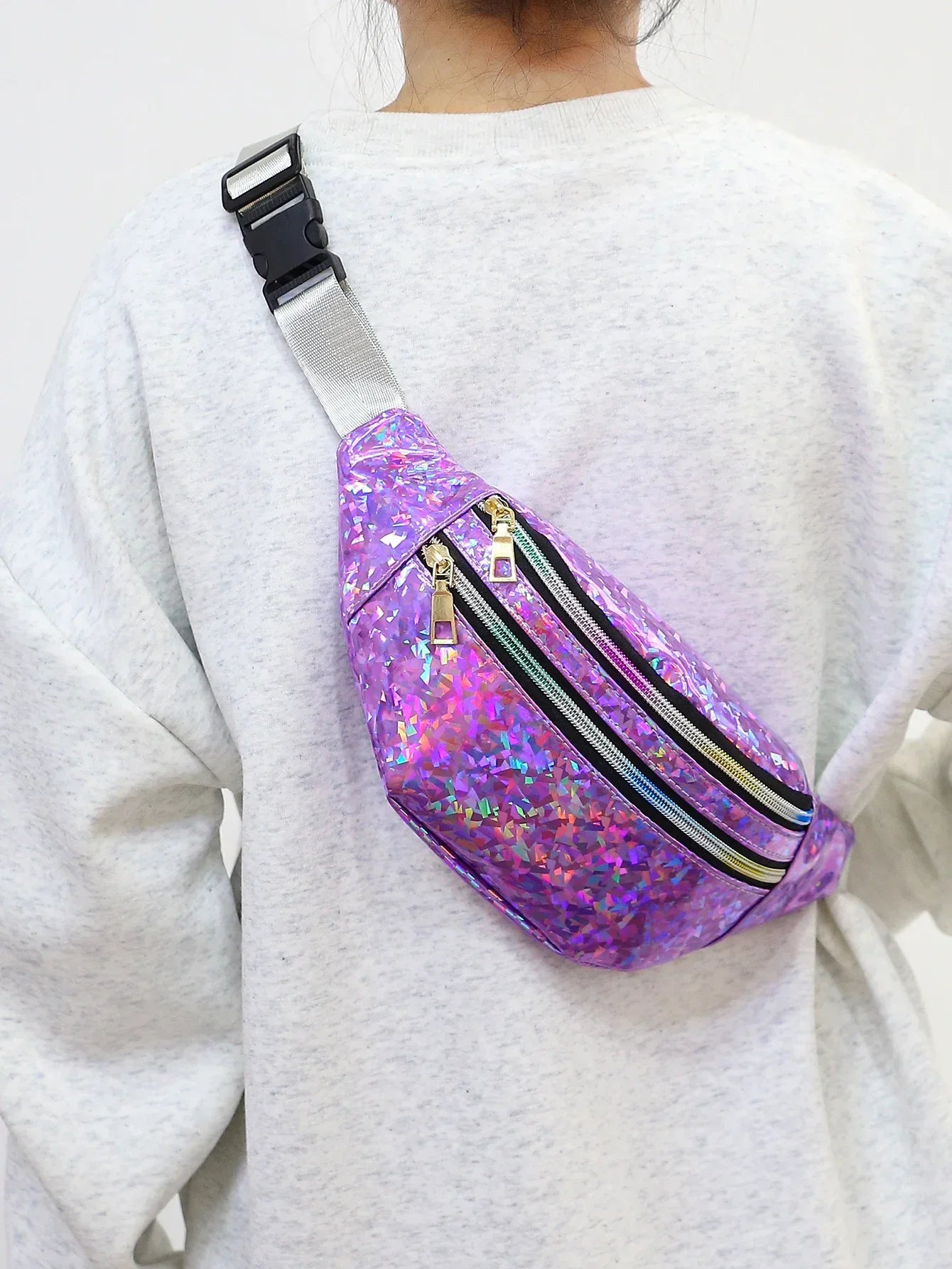 Holographic Fanny Pack & Crossbody – Iridescent Festival Waist Bag with Zipper Closure – Adjustable Belt for Concerts & Street Style