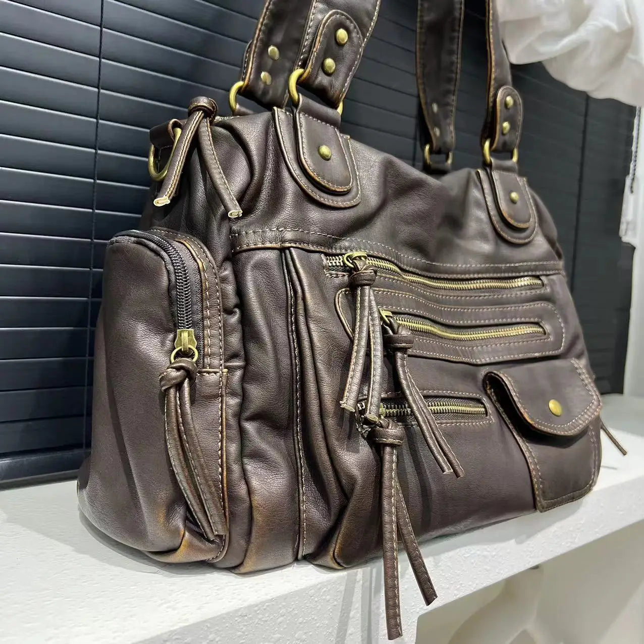Luxe Brown Leather Shoulder Bag for Women – Spacious Handbag with Multiple Zip Compartments