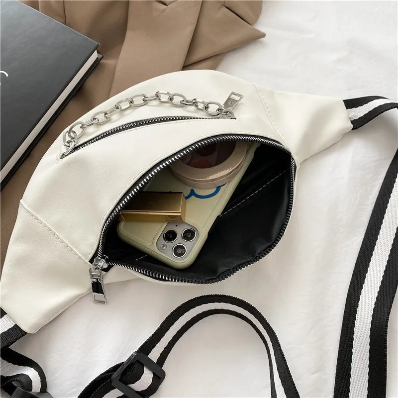 Minimalist Unisex Crossbody Belt Bag with Zipper Closure & Chain Detail – Versatile Faux Leather Waist and Shoulder Bag