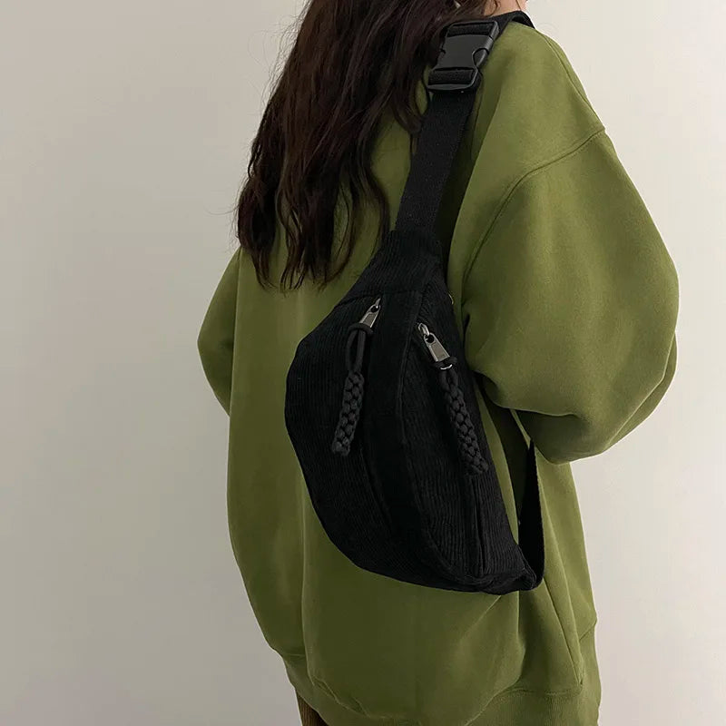 Minimalist Black Corduroy Crossbody Bag – Durable, Adjustable, Lightweight