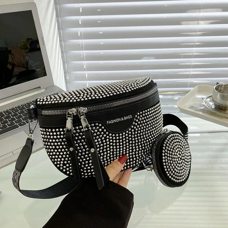 Luxury Studded Crossbody & Waist Bag with Extra Pouch – Chic Shoulder Bag Style