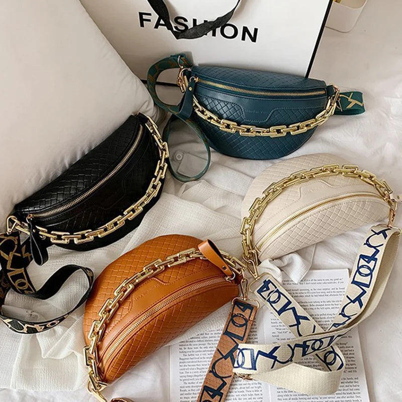 Stylish Crossbody Belt Bag with Gold Chain – Adjustable Strap Waist Pack for Women