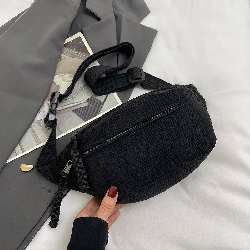 Minimalist Black Corduroy Crossbody Bag – Durable, Adjustable, Lightweight