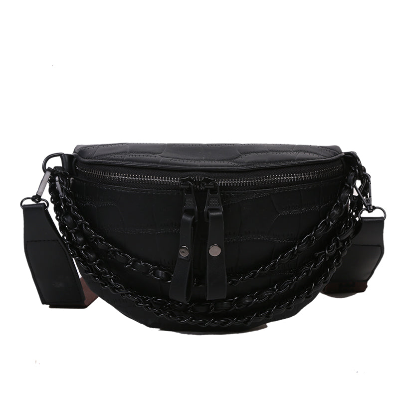 Black Braided PU Leather Crossbody Waist Bag – Adjustable Strap, Urban Style Fanny Pack for Women