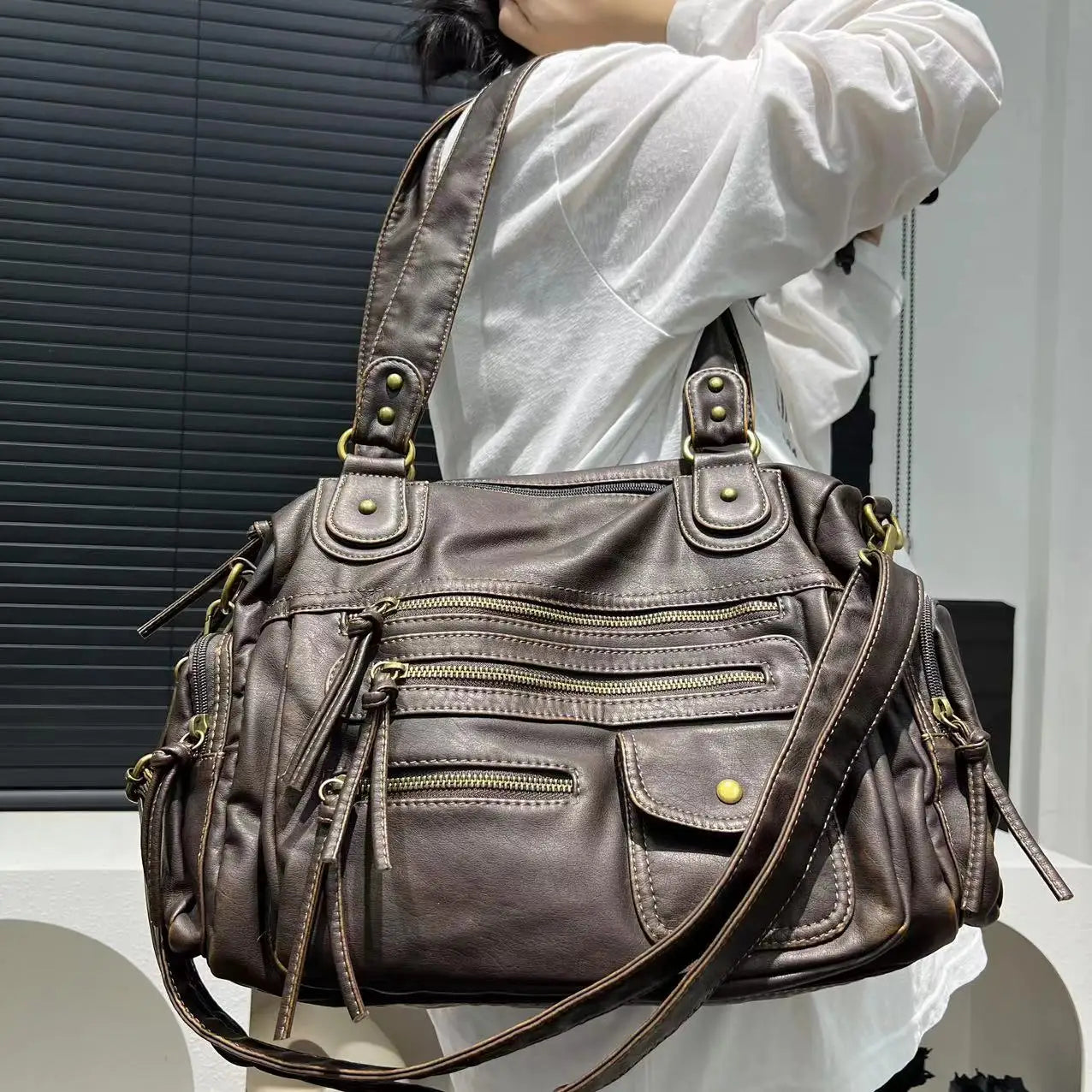 Luxe Brown Leather Shoulder Bag for Women – Spacious Handbag with Multiple Zip Compartments