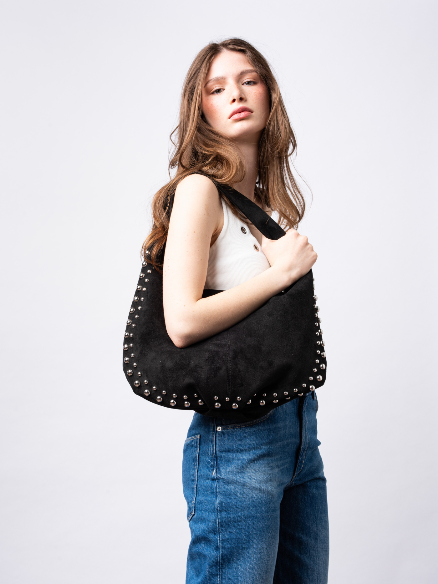 Black Vegan Leather Shoulder Bag with Studs – Bold & Stylish