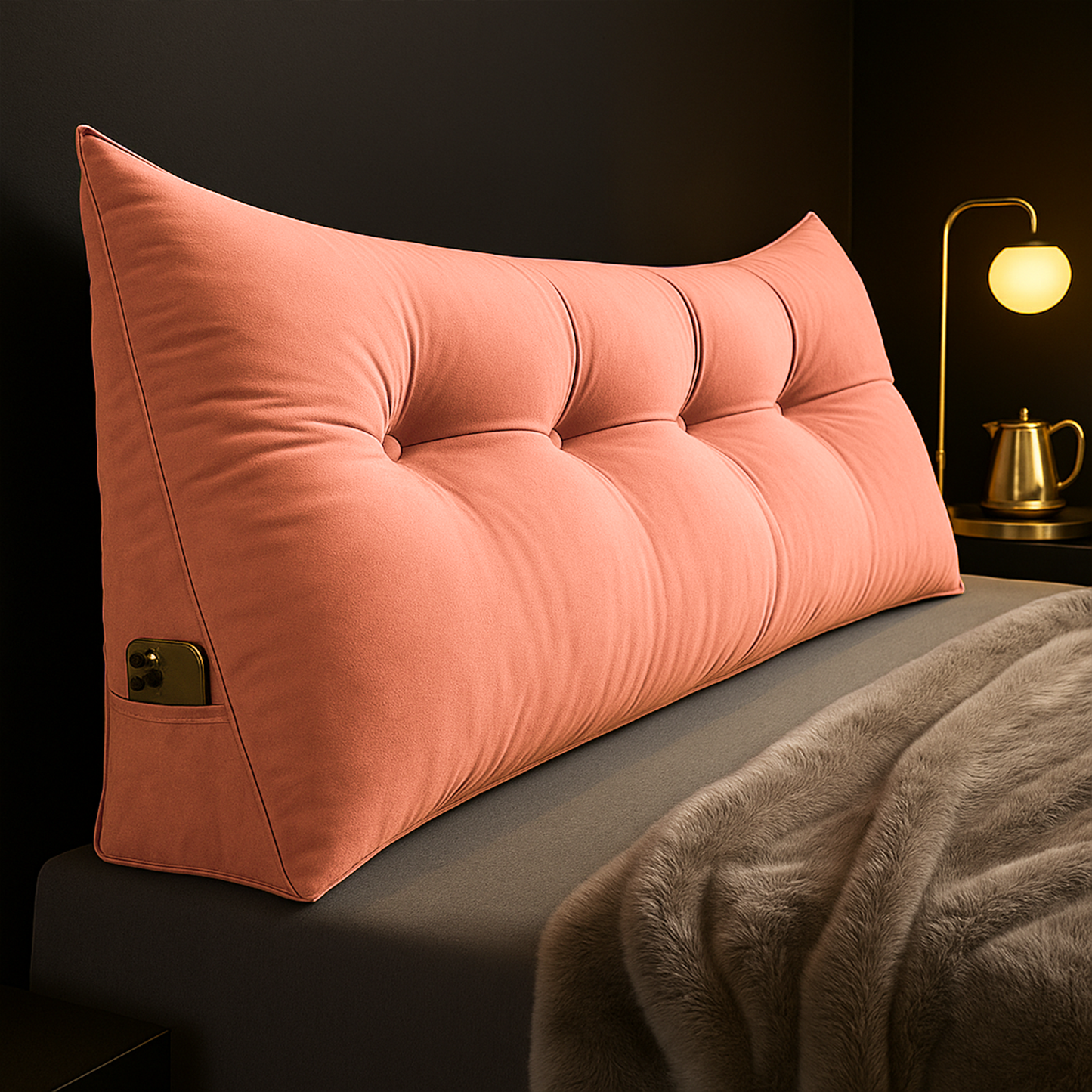 Ergonomic Headboard Cushion with Side Pockets – Long Bed Backrest Pillow for Reading, TV, and Relaxation