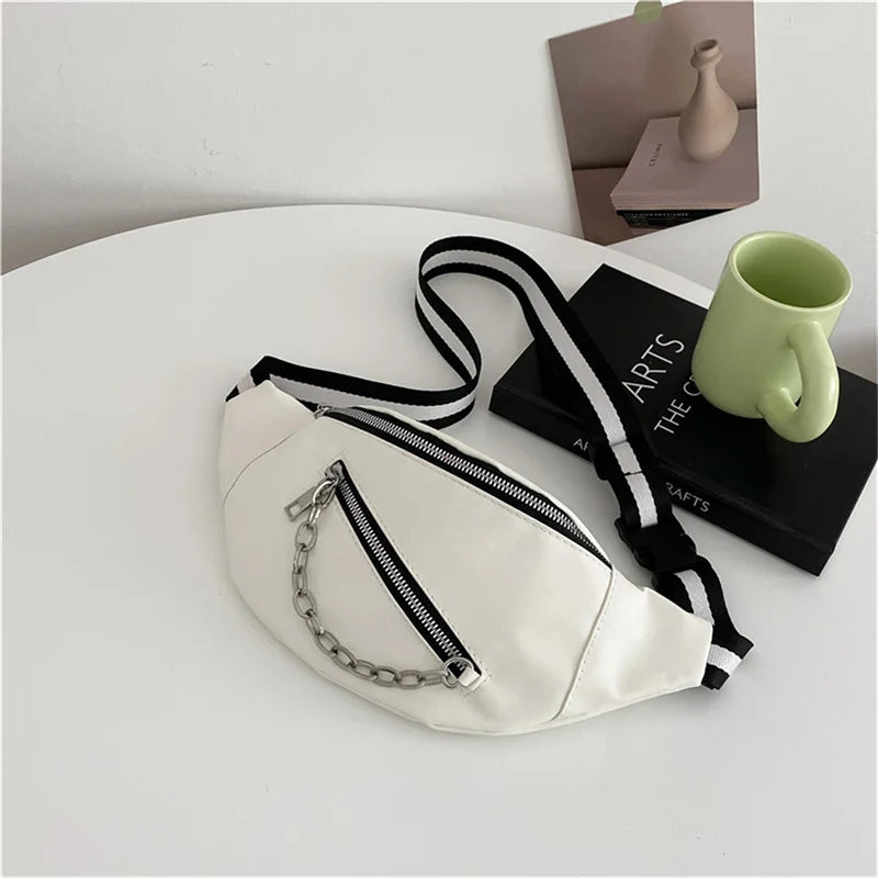 Minimalist Unisex Crossbody Belt Bag with Zipper Closure & Chain Detail – Versatile Faux Leather Waist and Shoulder Bag